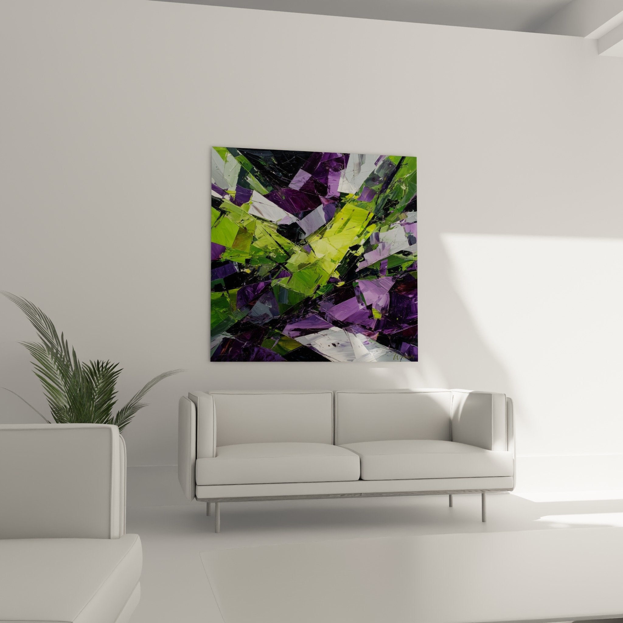 Textured detail of luminous green impasto and deep violet abstract feng shui southeast artwork