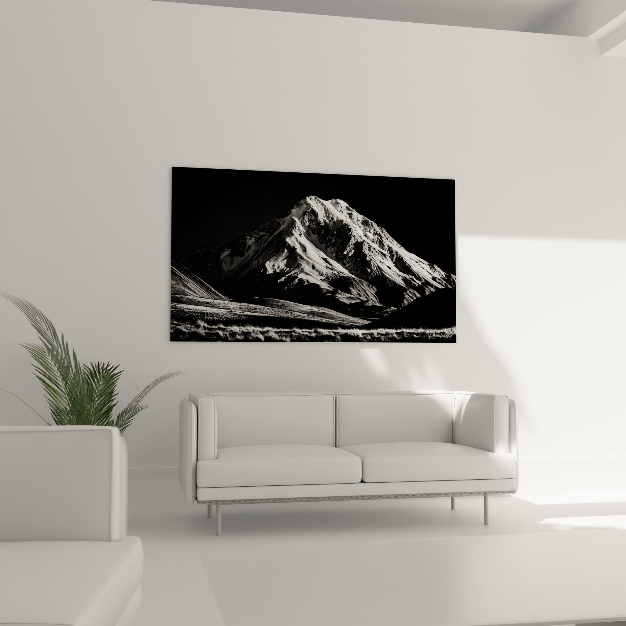 Détail tableau volcan, texture neige et roches volcaniques en noir et blanc artistique