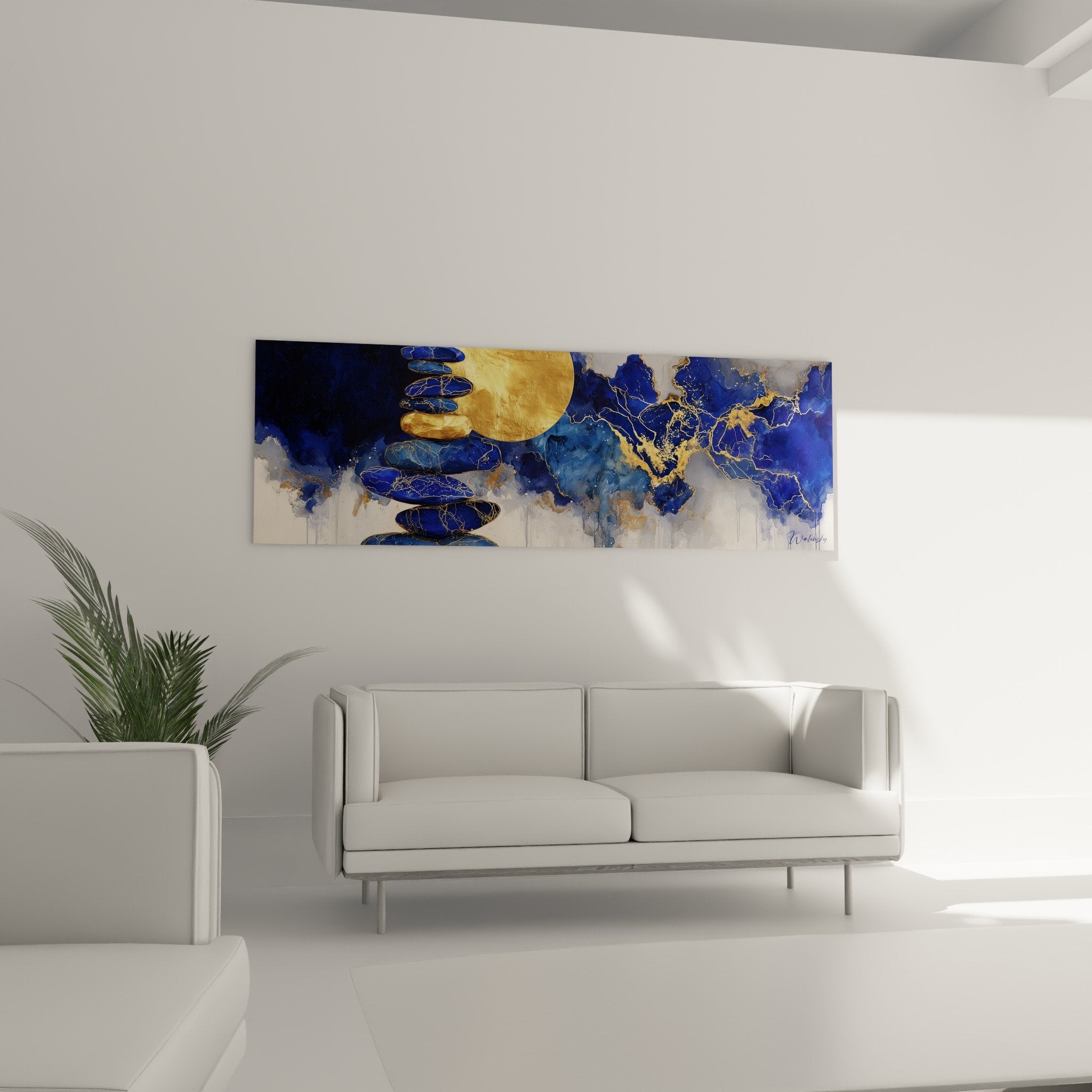 Close-up detail of golden and blue textures with material effects on canvas