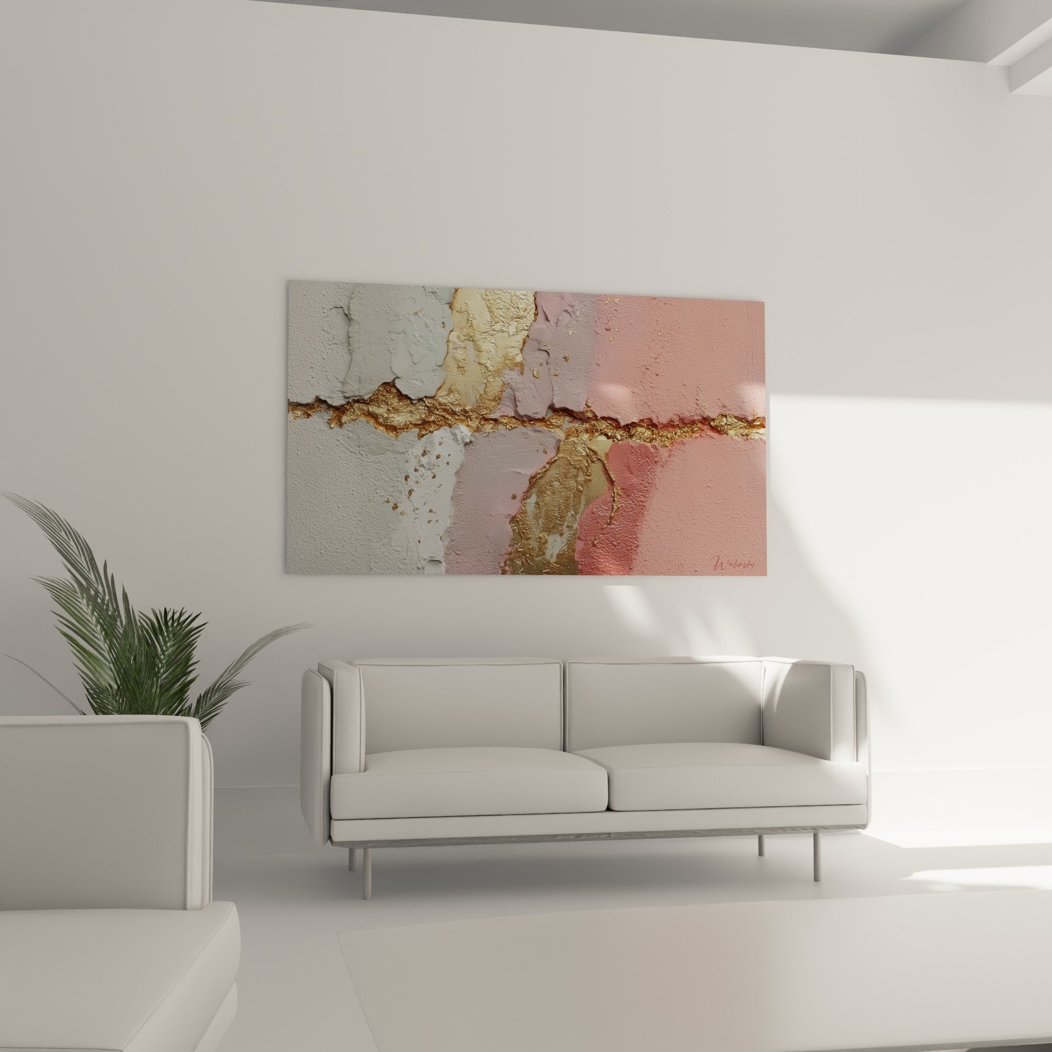 Détail textures relief doré rose blanc tableau abstrait feng shui