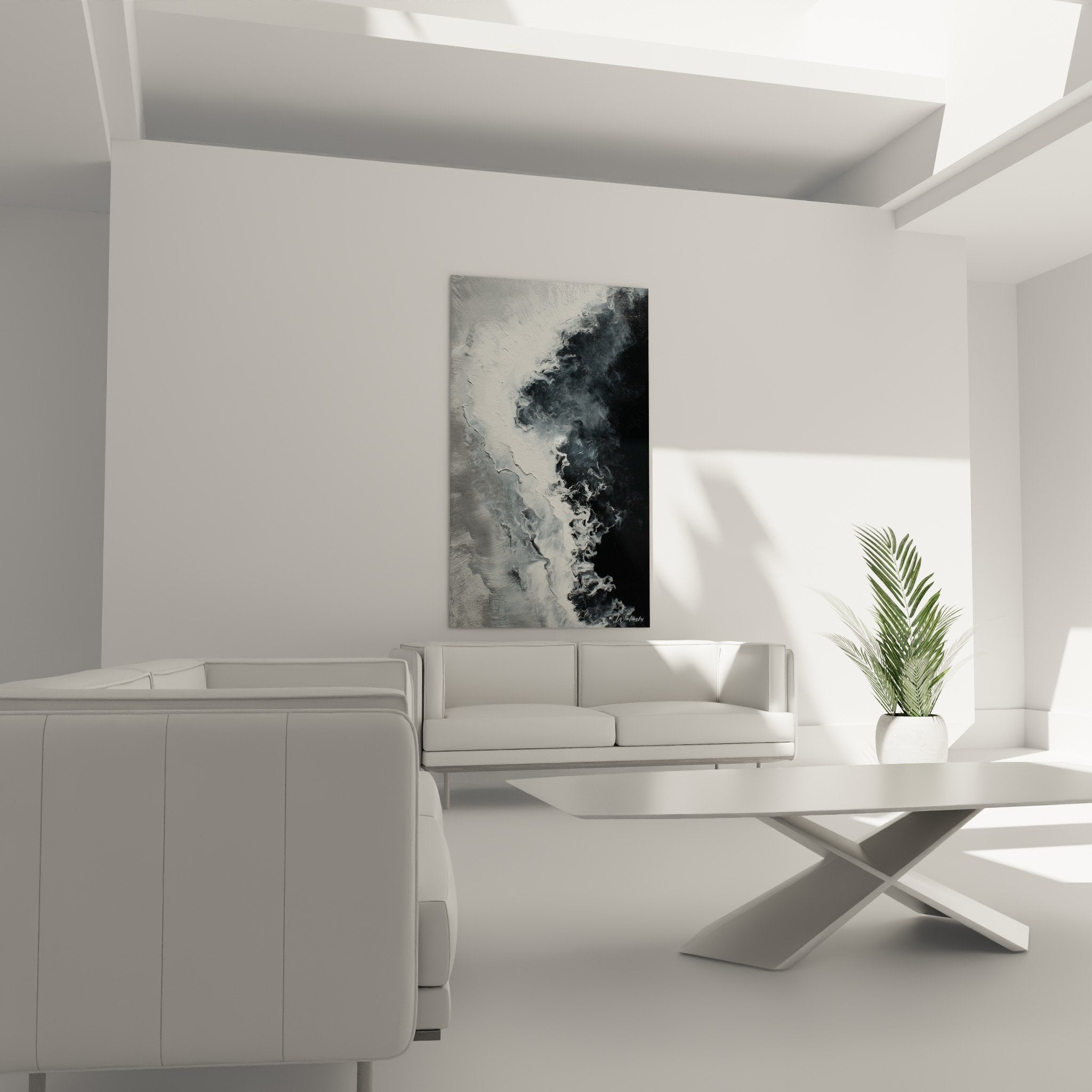 Textured detail of abstract artwork, pearly white impasto and deep black, metallic finishes