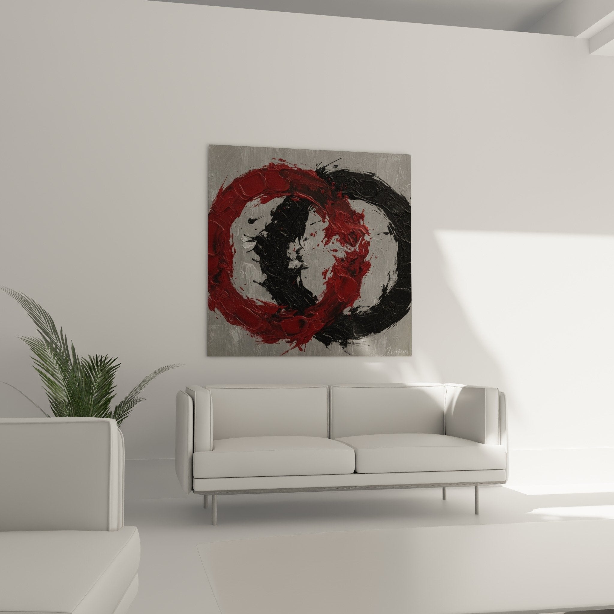Enso painting textural detail crimson red deep black expressive relief texture