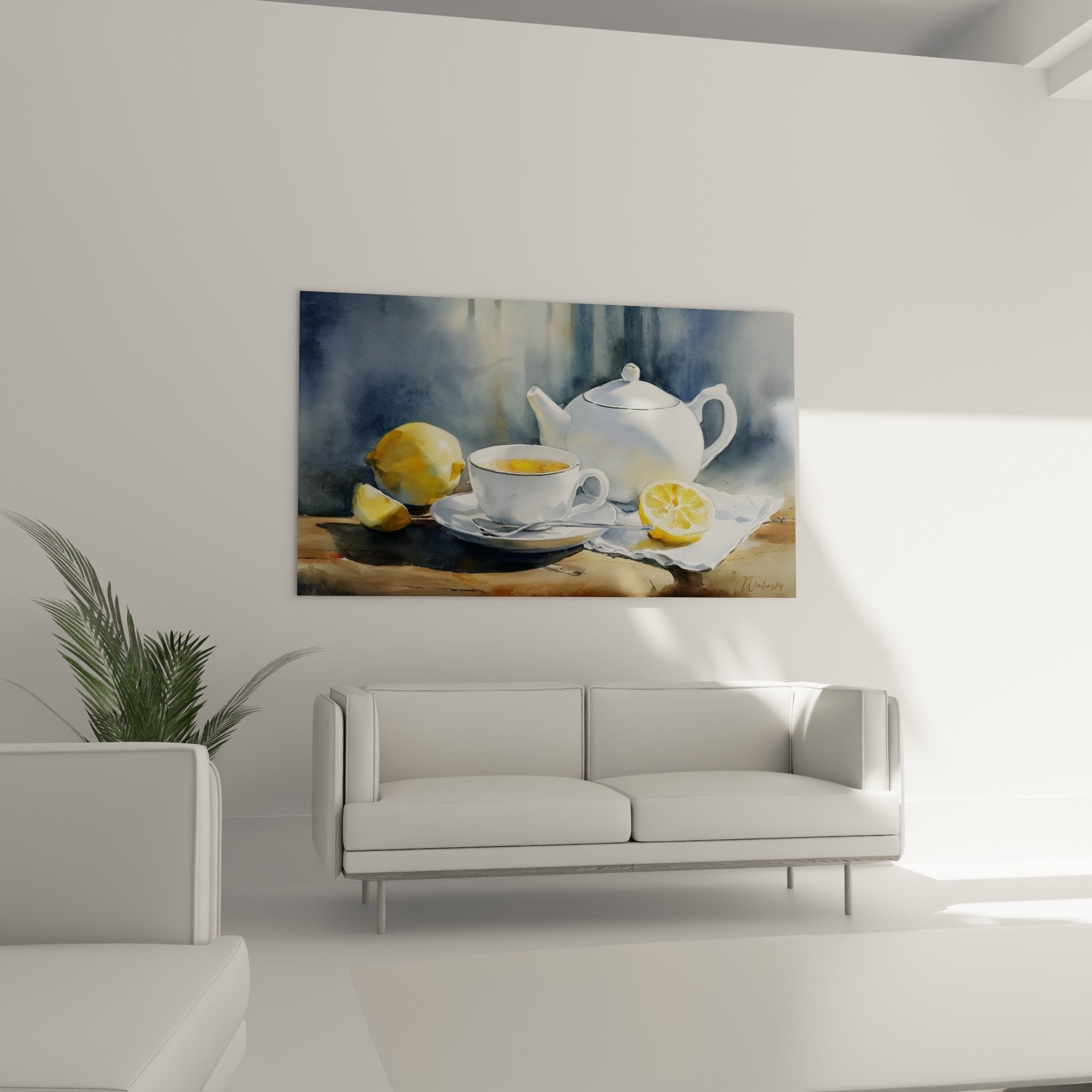 Aquarelldetail japanische Teekanne Keramik weiß Teetasse Zitronen