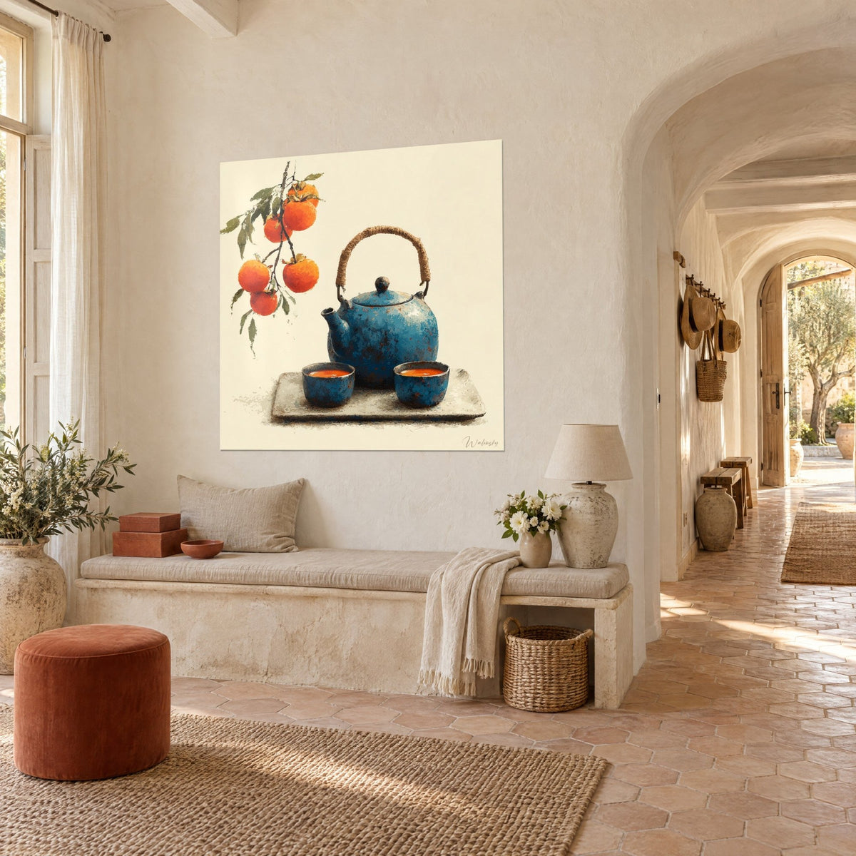 Wall art Japanese tea service, two indigo bowls filled with russet tea on a grey tray, hanging persimmons, in a vaulted corridor of a Provençal farmhouse