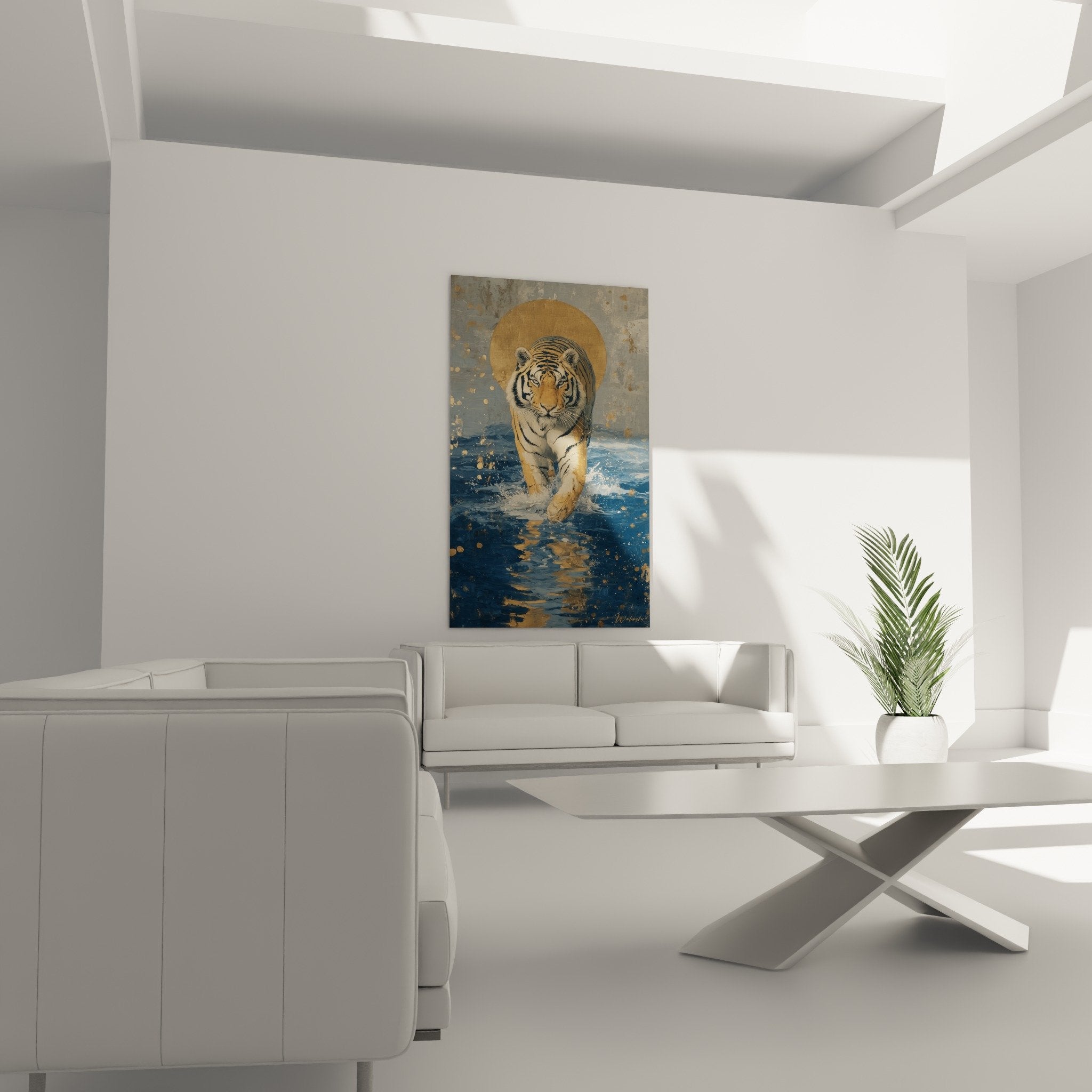 Détail tableau tigre aux yeux perçants avec auréole dorée et reflets dans l'eau, art contemporain