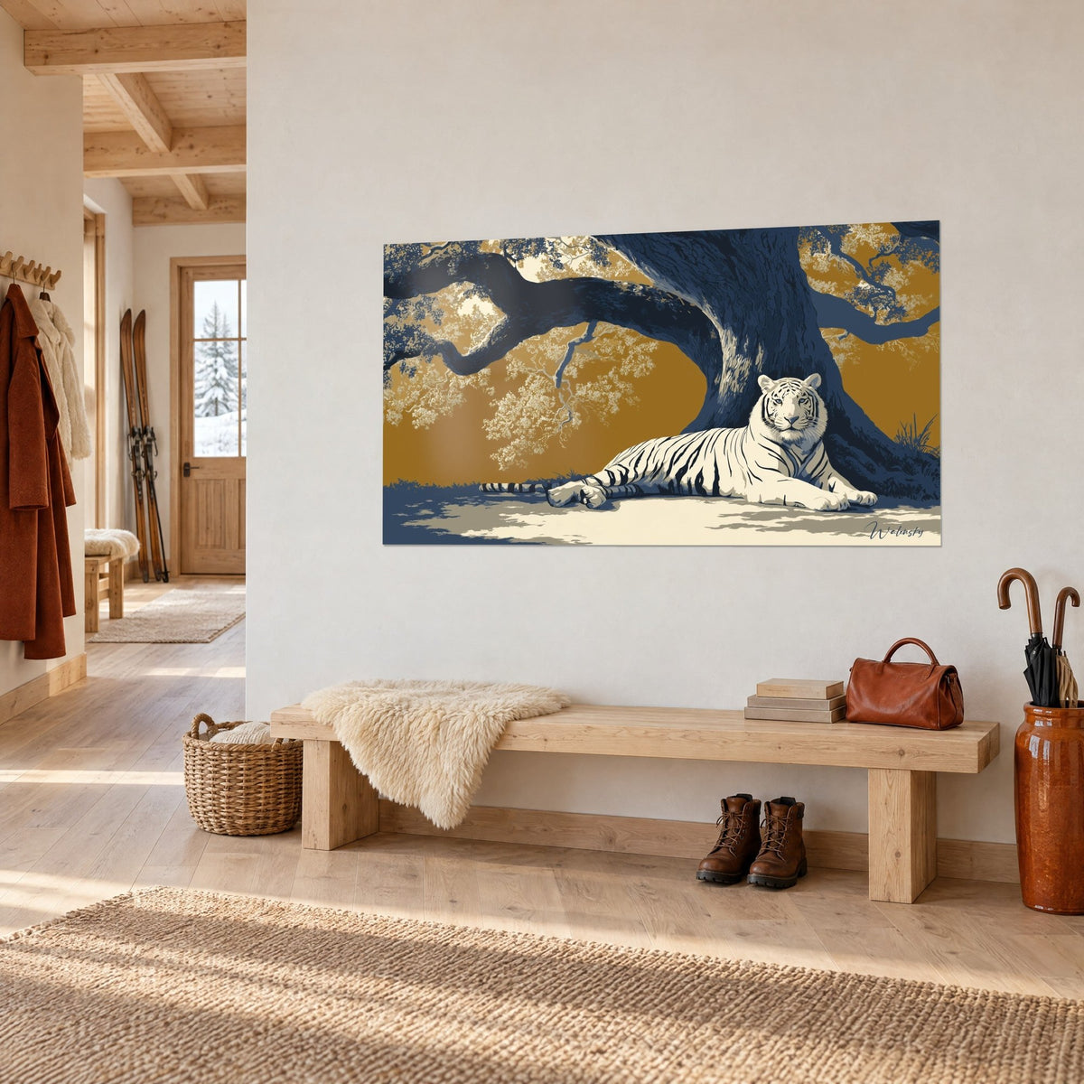 Wall art ivory feline with glacier-blue gaze lying near a dark trunk, ochre and navy, wooden entrance of a chalet