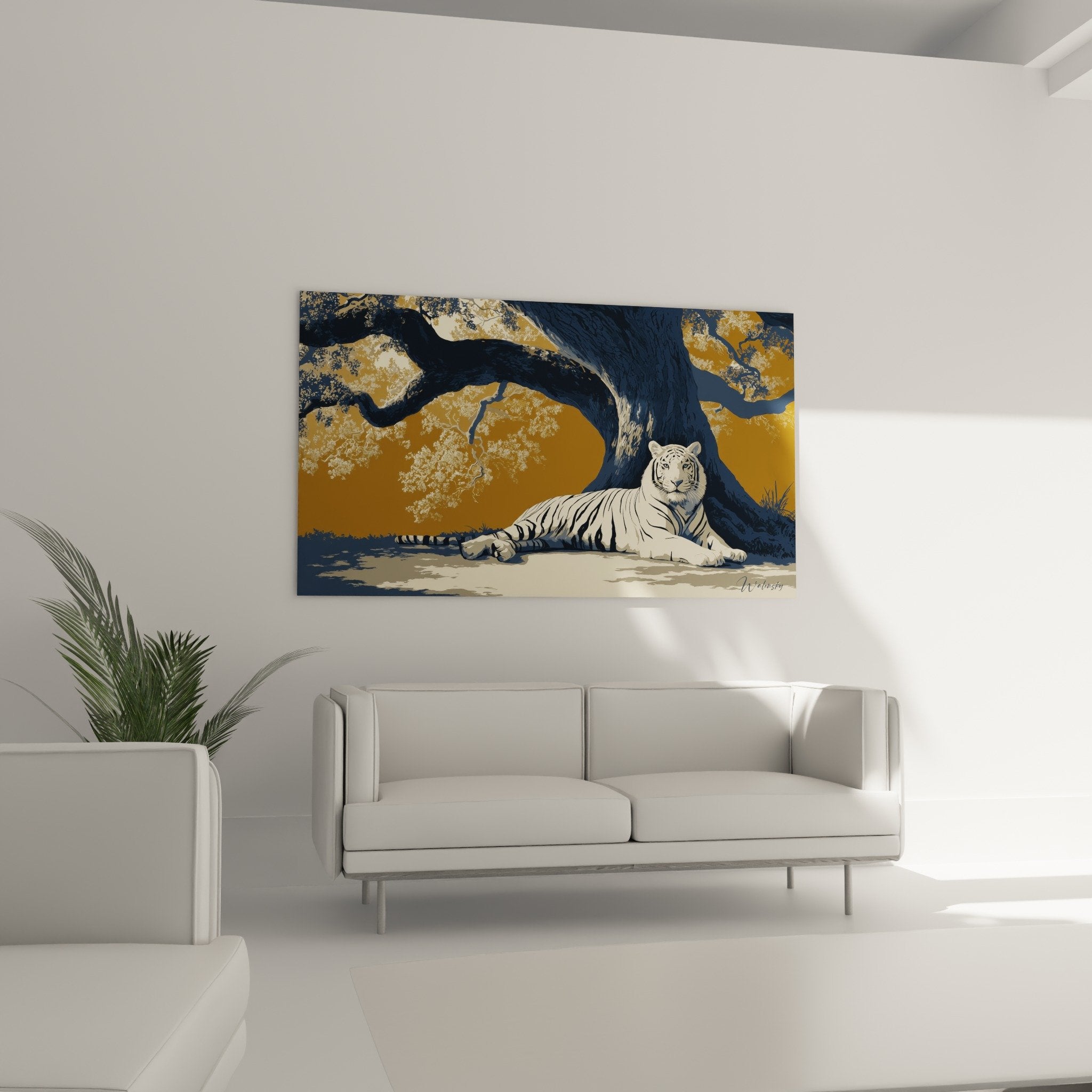 White tiger detail with black stripes serene gaze contemporary artistic style contrasting colors