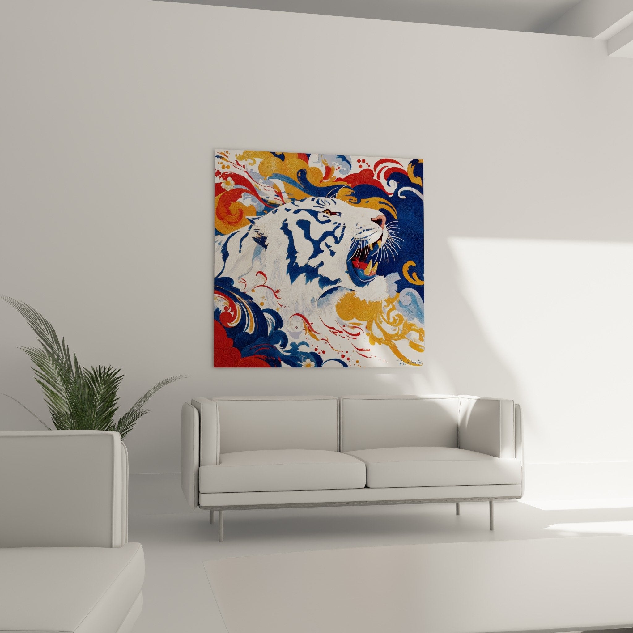 Close-up detail white tiger roaring fangs orange blue swirls artistic painting