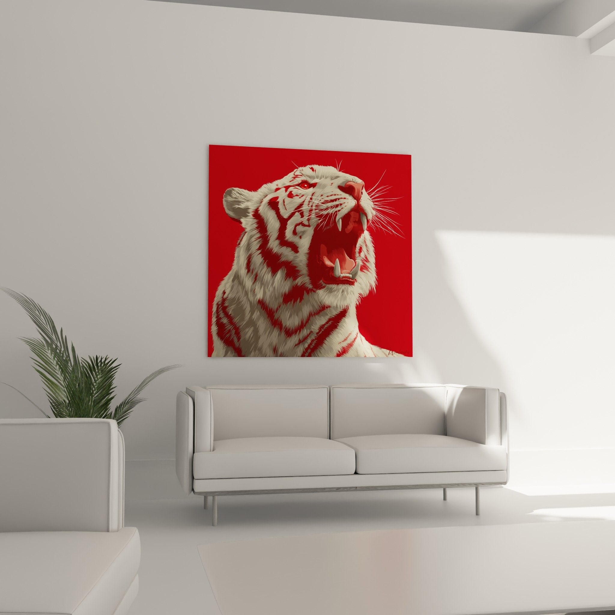Close-up white tiger roaring painting with visible fangs artistic detail high quality