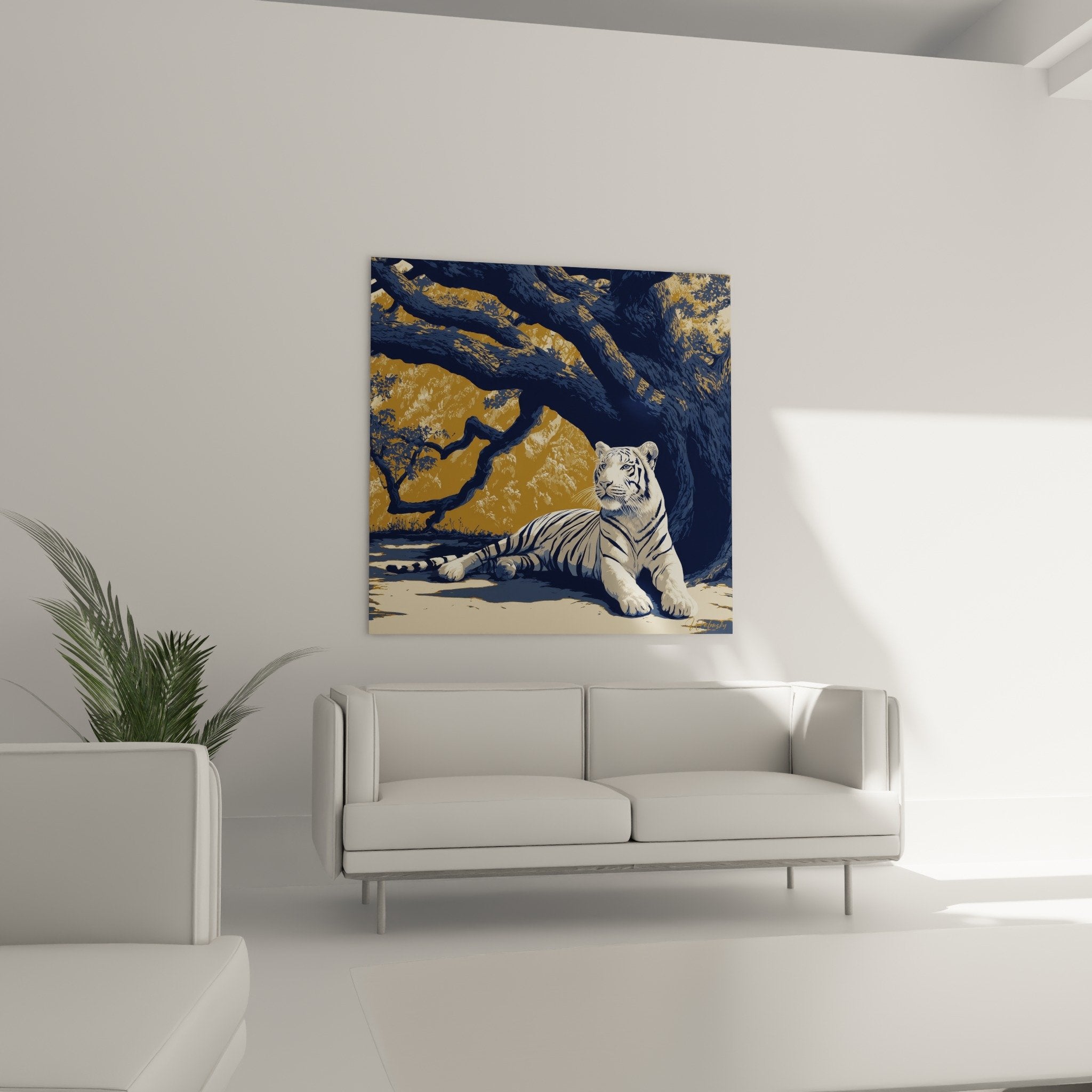 Detailaufnahme Weißtigerbild mit blauen Augen, künstlerische Malerei mit goldenen Nuancen und felsigen Texturen