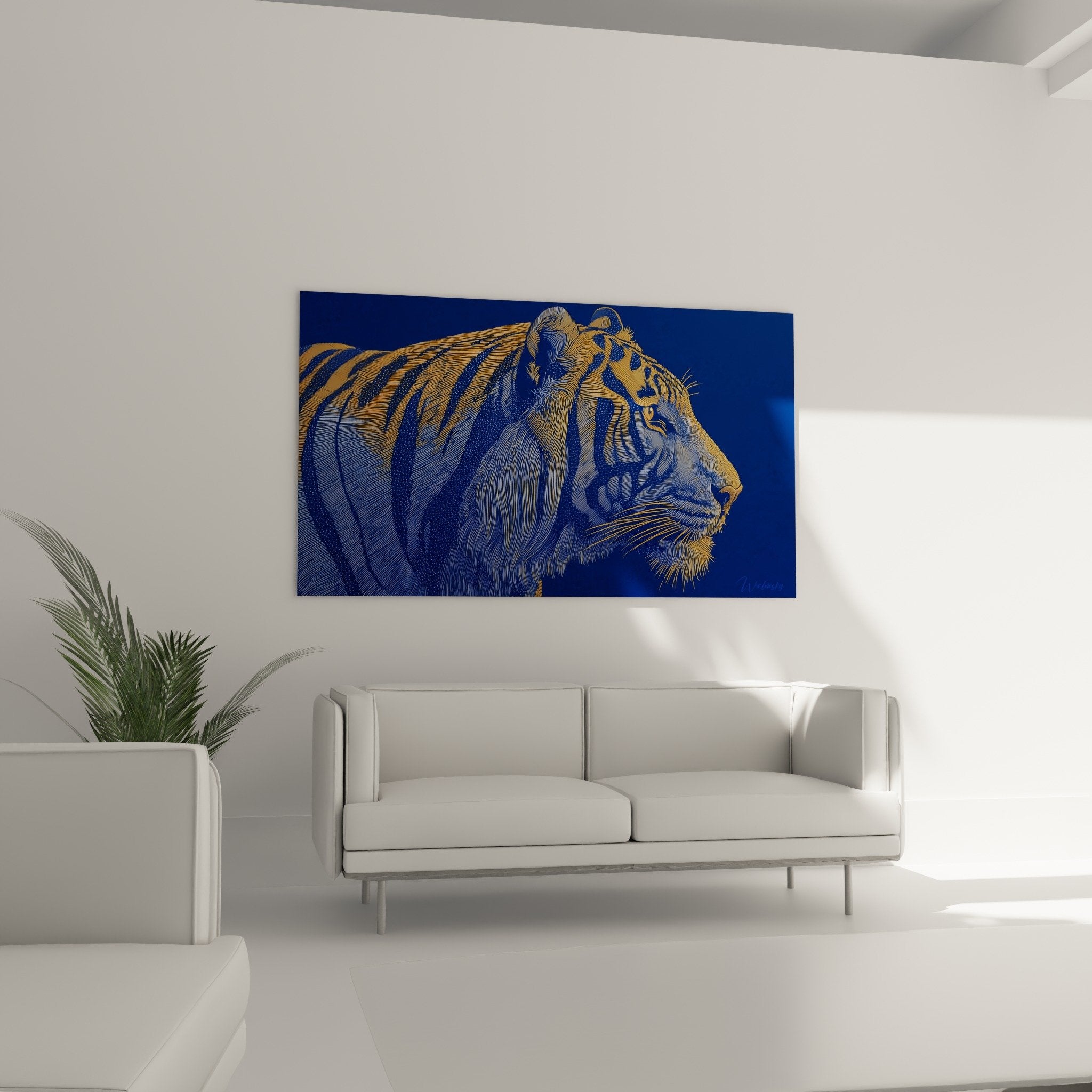 Nahaufnahme-Details blauer goldener Tiger Fell-Textur Streifen präzise grafische Kunst