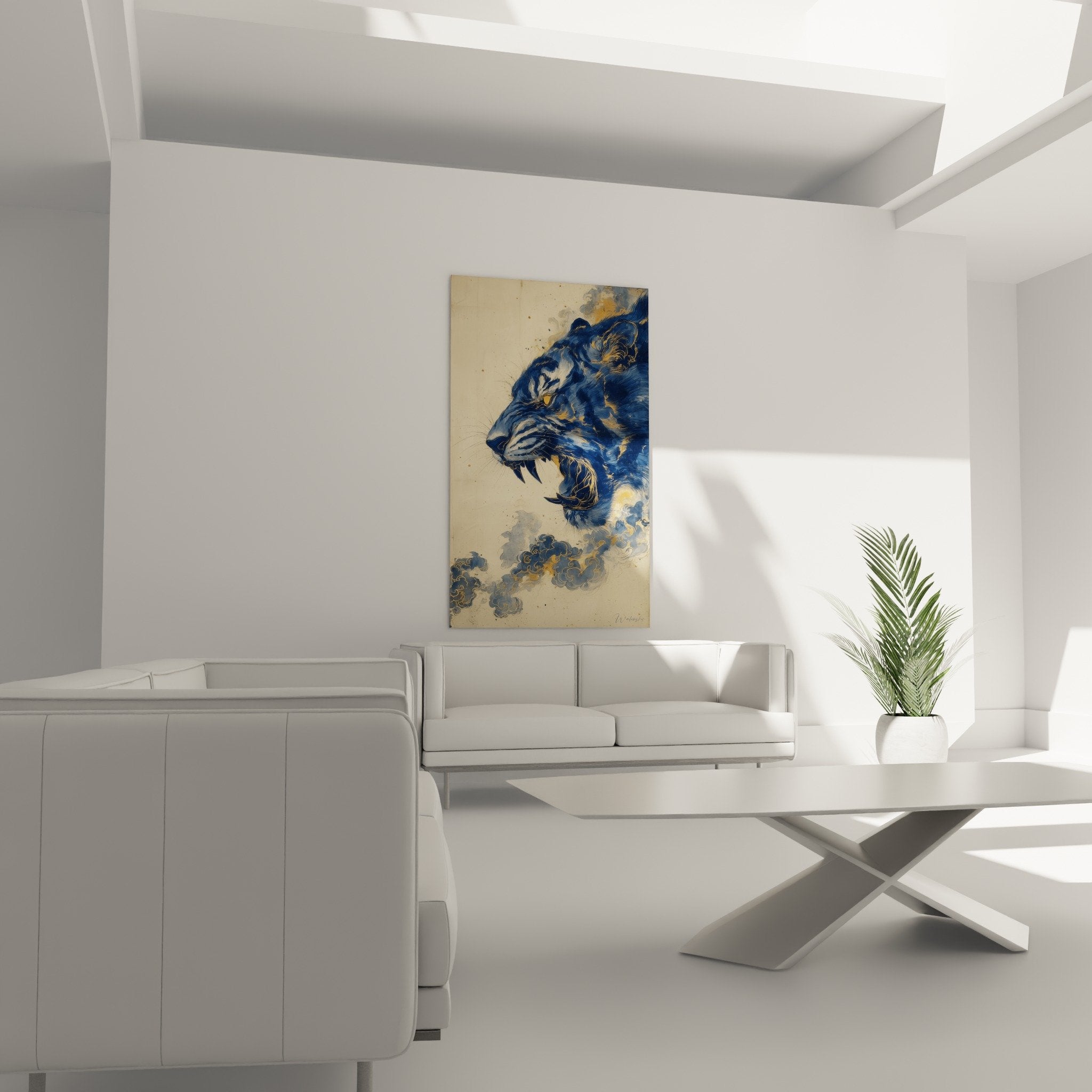 Detail rapproche tigre bleu rugissant touches dorees fourrure texture artistique