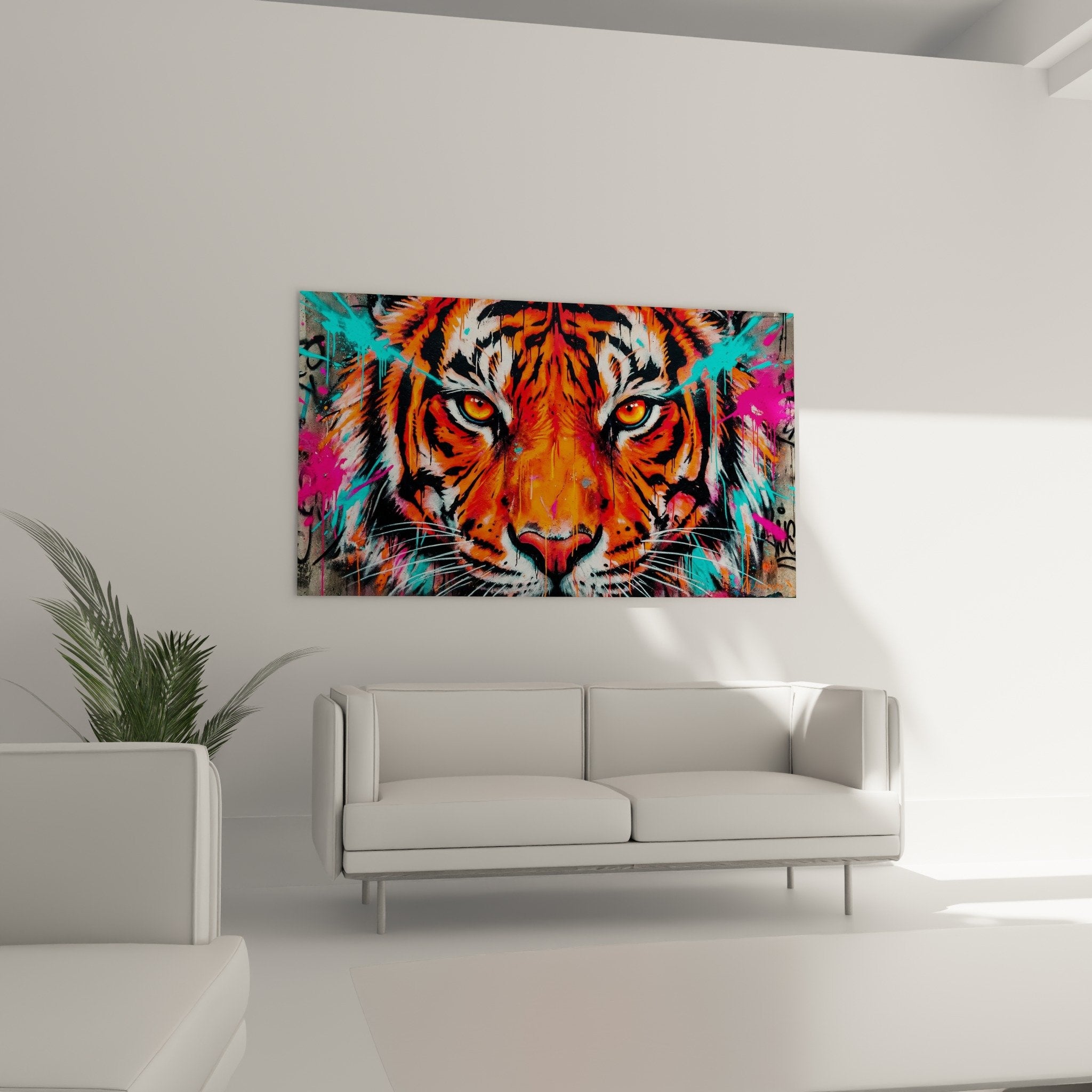 Detail tigre street art couleurs fluorescentes orange yeux ambre peinture eclaboussures turquoise rose style