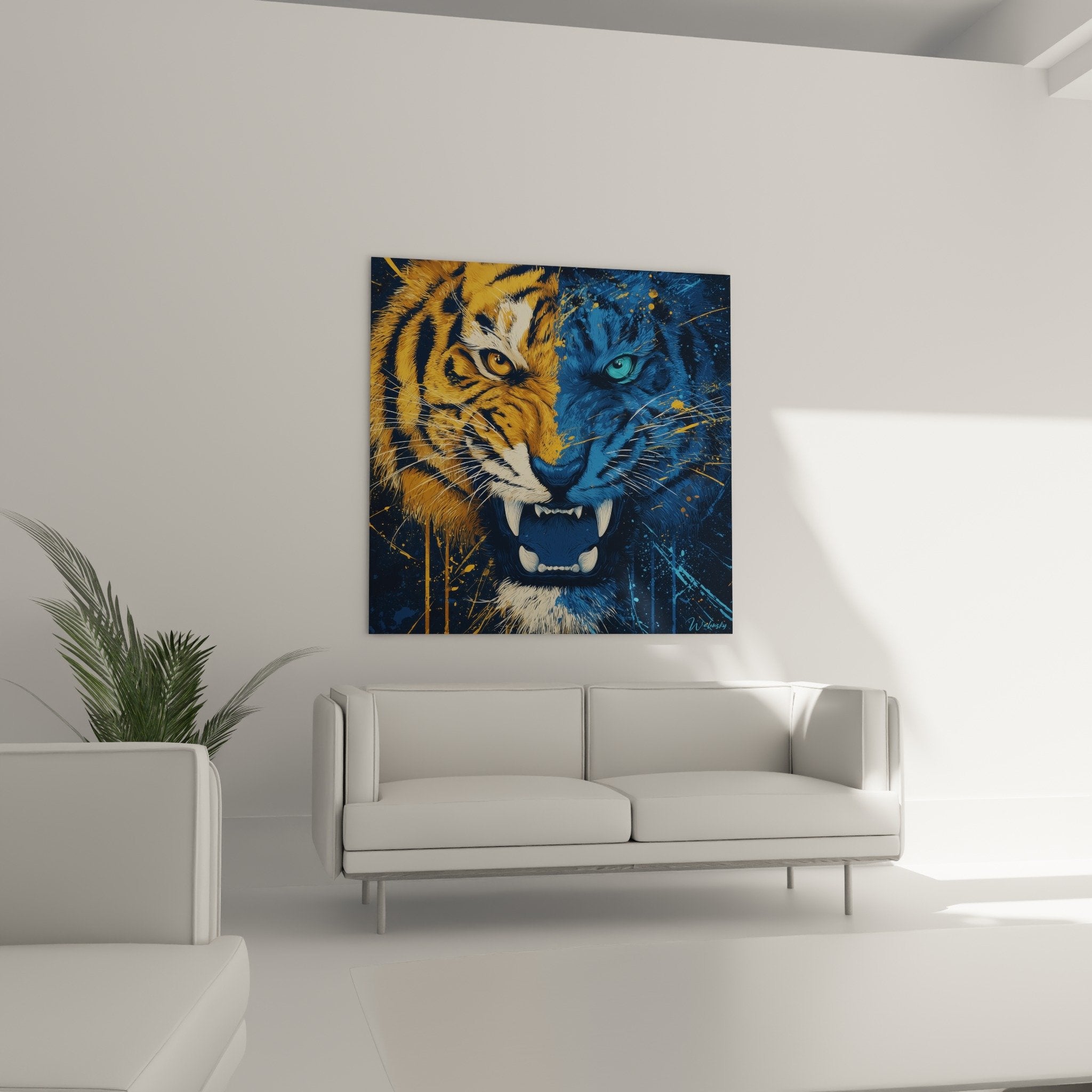 Détail rapproché tigre dualité orange bleu, yeux perçants doré turquoise, moustaches blanches effet saisissant