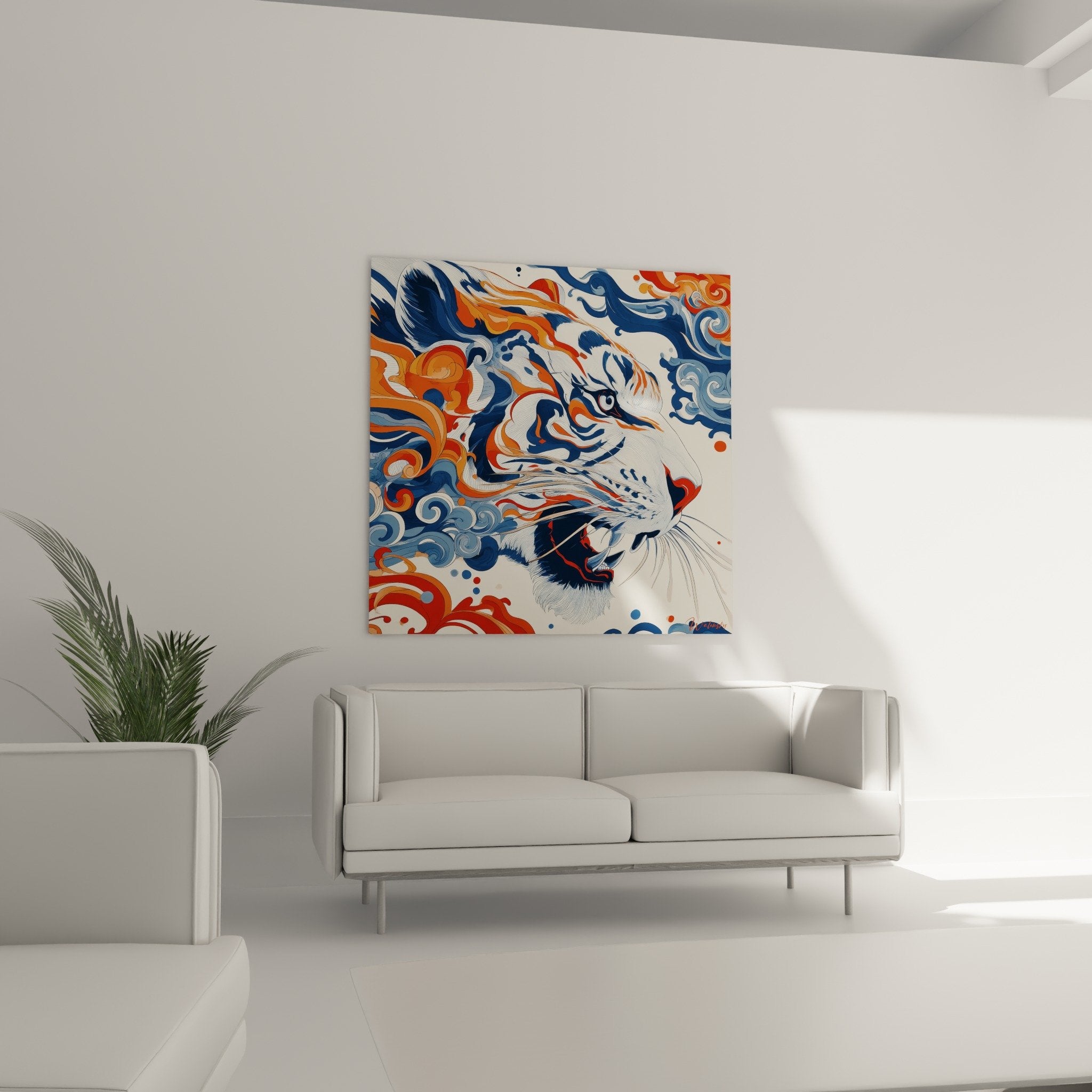 Detail tableau tigre profil motifs tourbillonnants bleu orange artisanat artistique contemporain