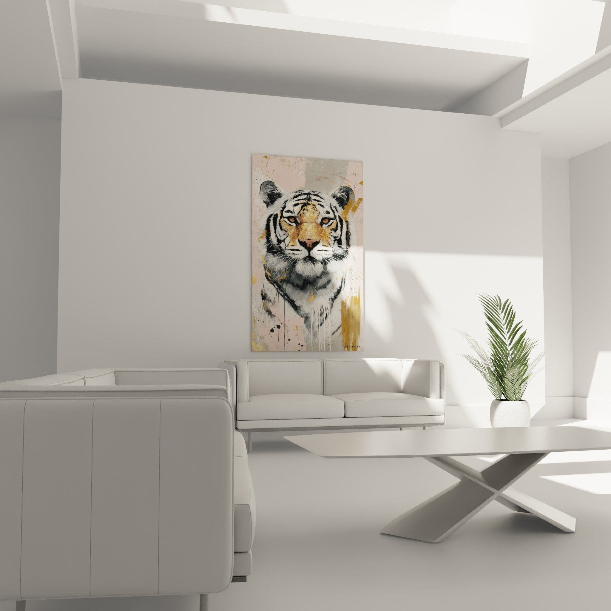 Détail tigre tableau peinture dorée éclaboussures artistiques portrait fauve contemporain