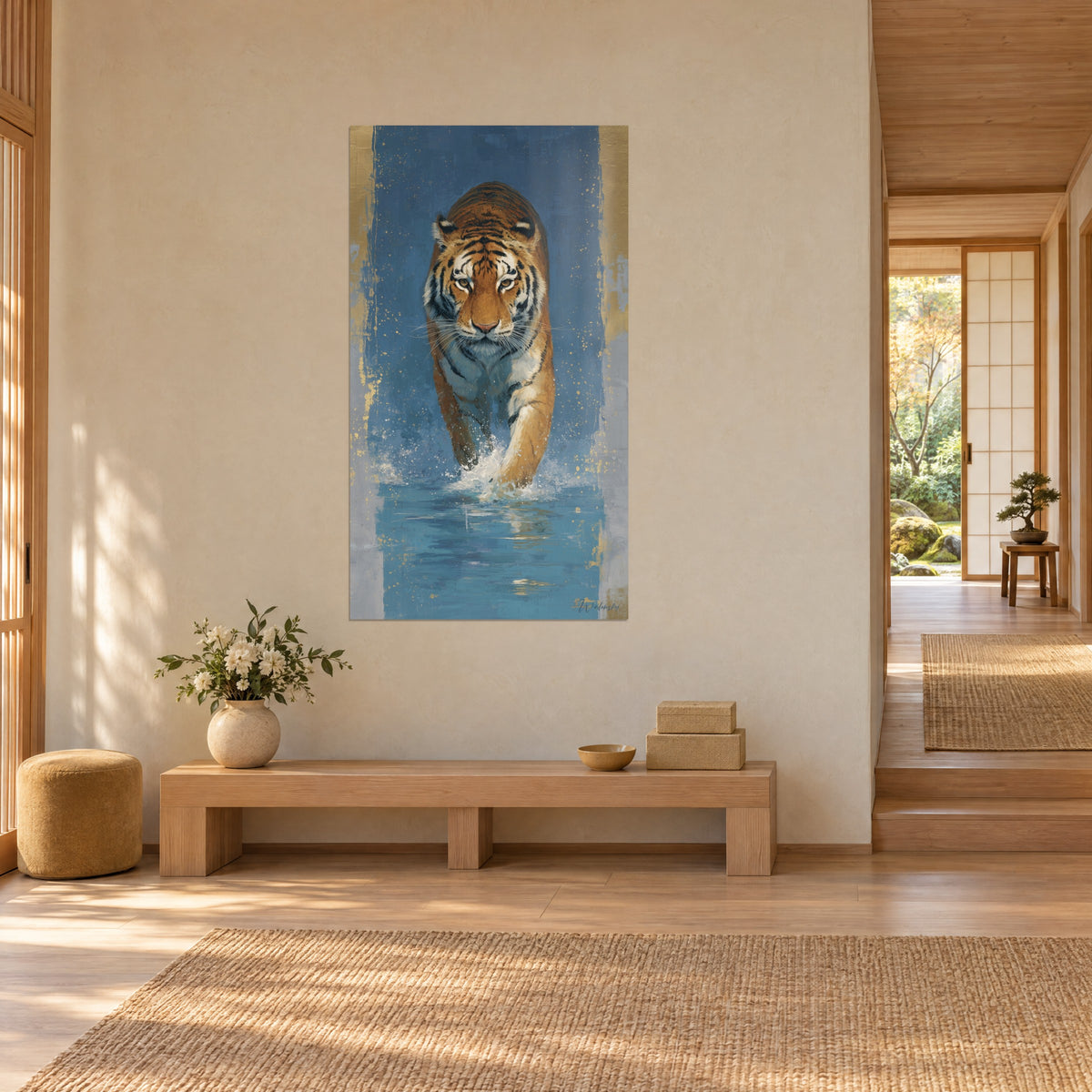 Wall art of a striped big cat walking toward us, orange flanks with black stripes, blue background and gold accents, cream wall of a Japandi hallway