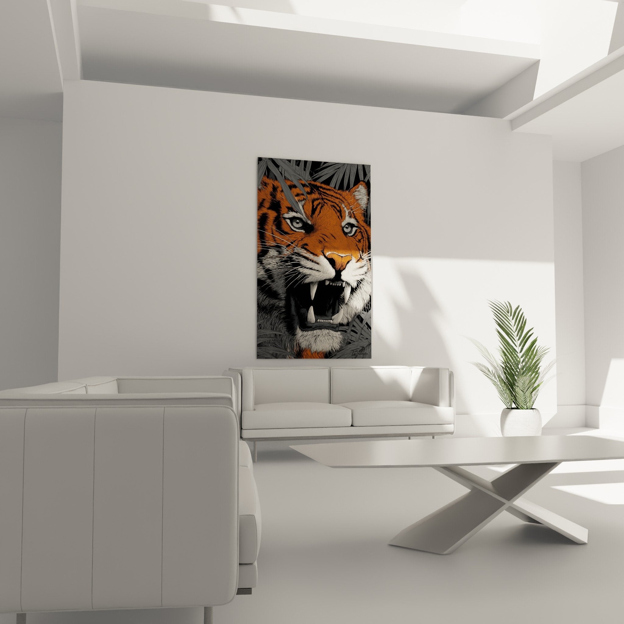 Roaring tiger painting detail with orange striped coat black stripes white whiskers intense realistic gaze