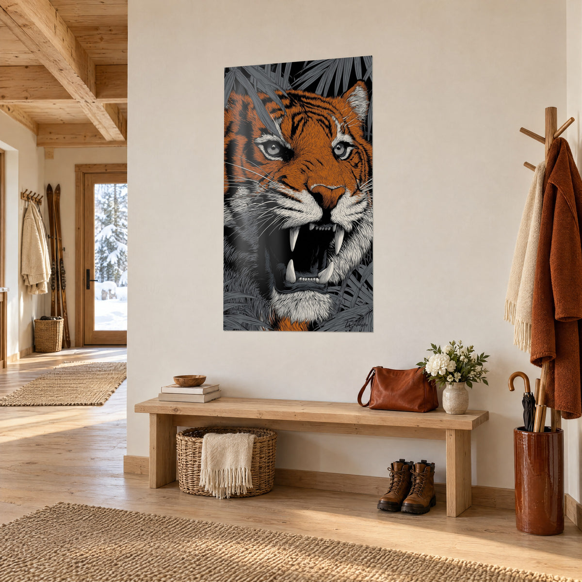 Wall art Bengal tiger with open jaws, orange and black stripes, grey leaves, three-quarter view in a wood-paneled hallway