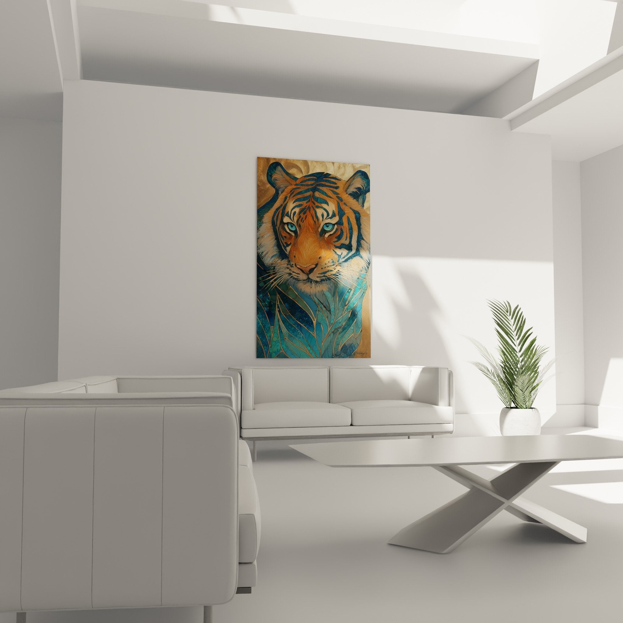 Détail portrait tigre aux tons dorés et turquoise, regard intense et feuilles tropicales dorées