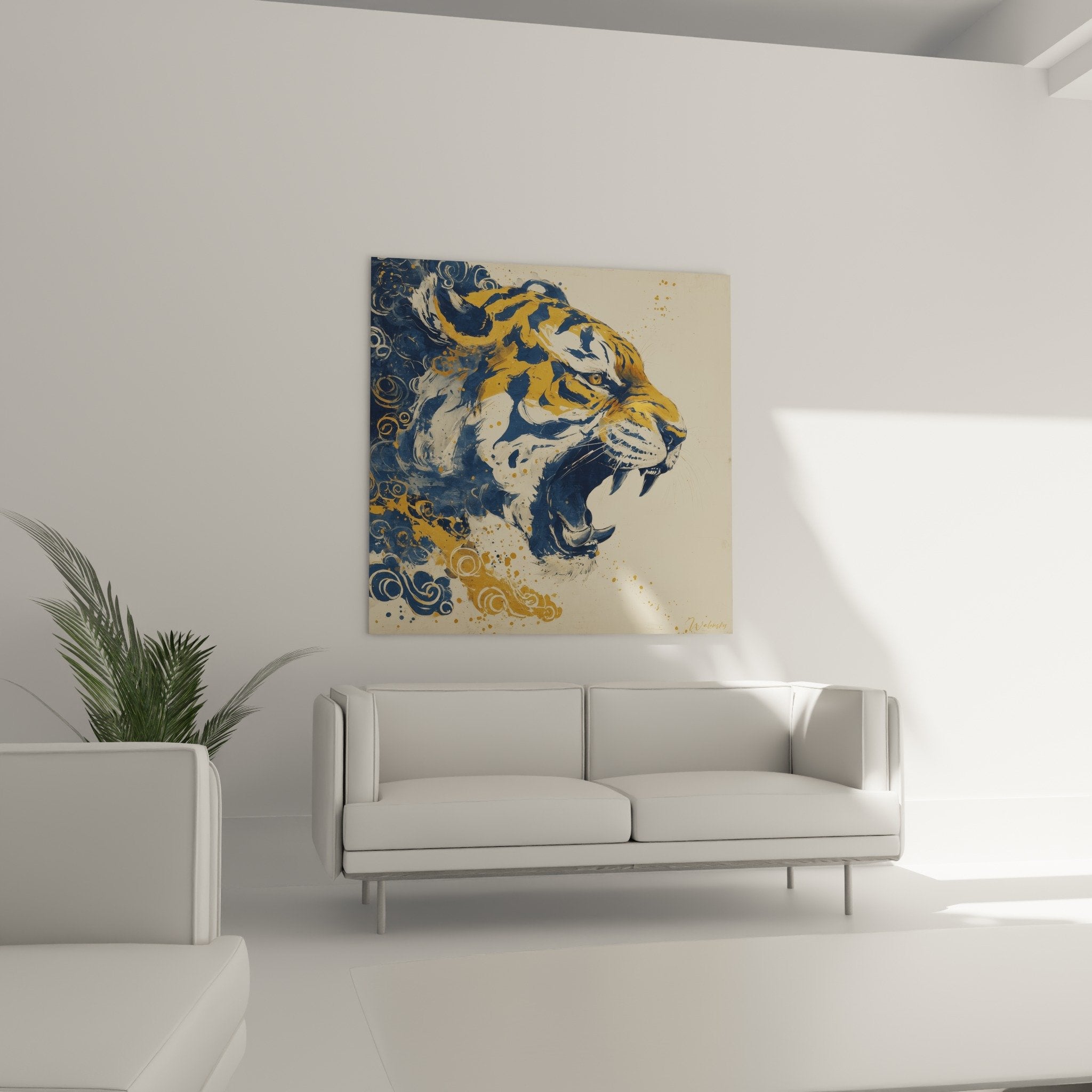 Close-up detail roaring tiger painting blue gold artistic texture