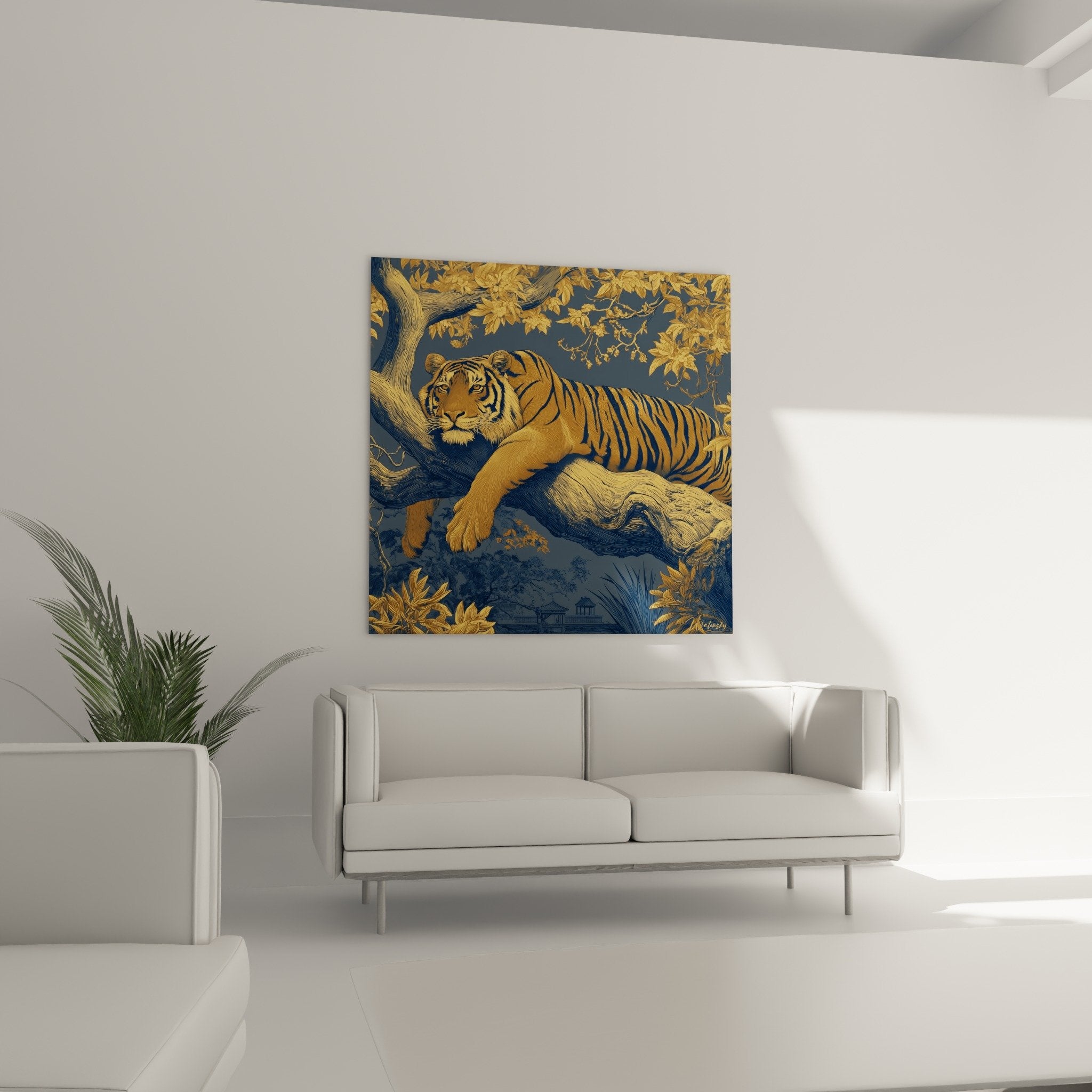 Detailansicht des gestreiften Tigertableaus mit goldener Textur des Fells und floralen Mustern traditionelle asiatische Kunst höchste Qualität