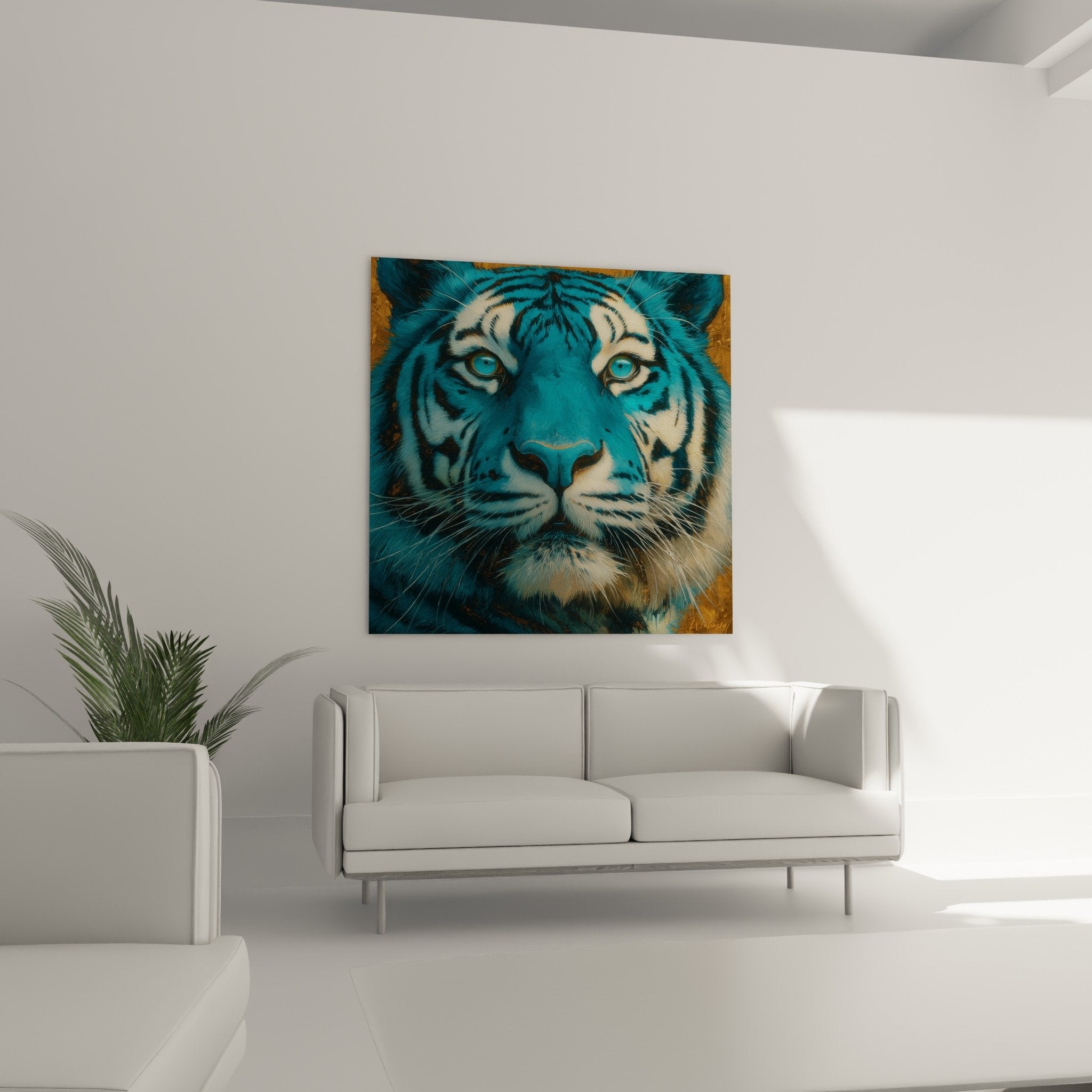 Gros plan portrait tigre bleu azure yeux verts intenses moustaches blanches pelage turquoise detail artistique
