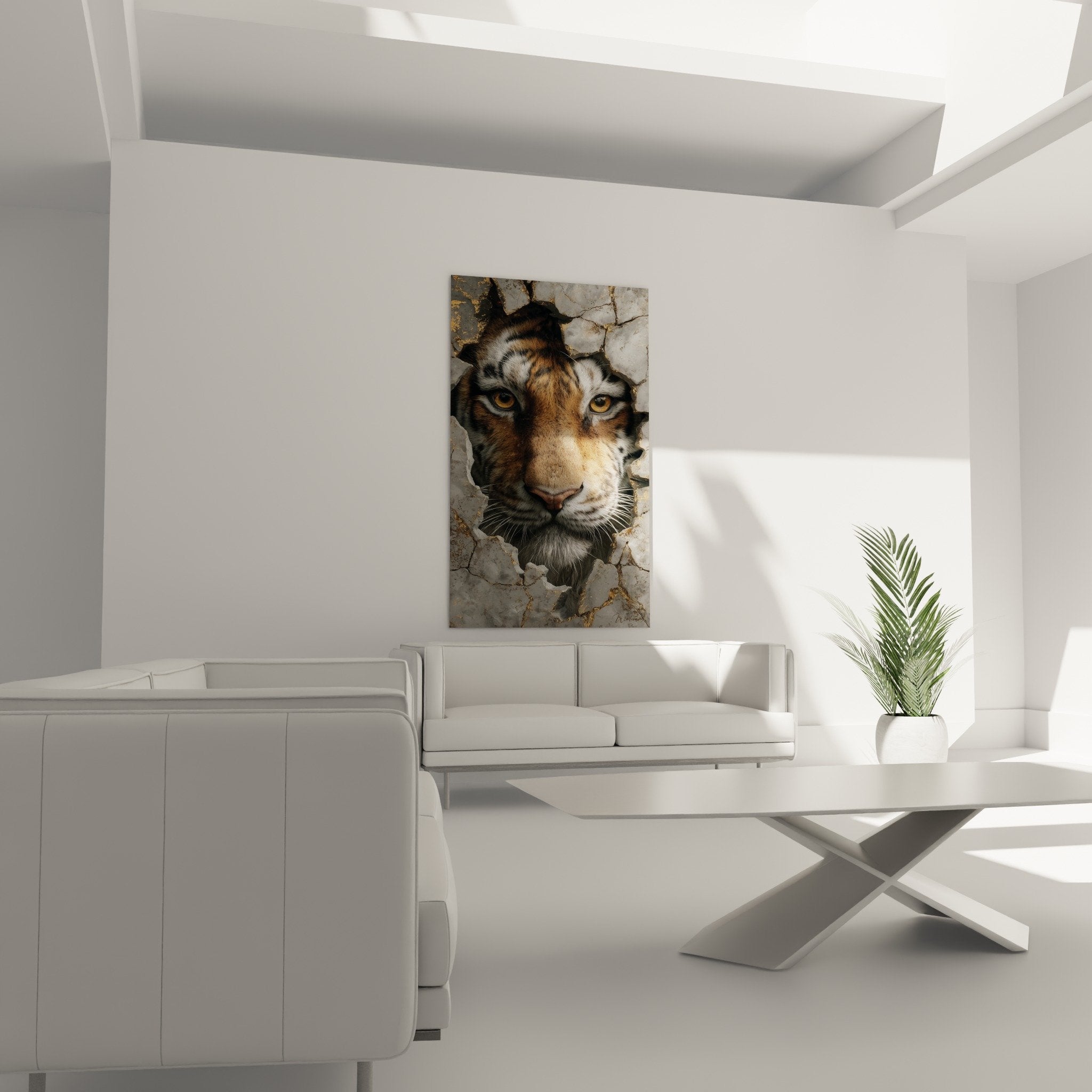 detailaufnahme tiger bernsteinfarbene augen marmor goldadern risse realismus tierportrait wandkunst luxus