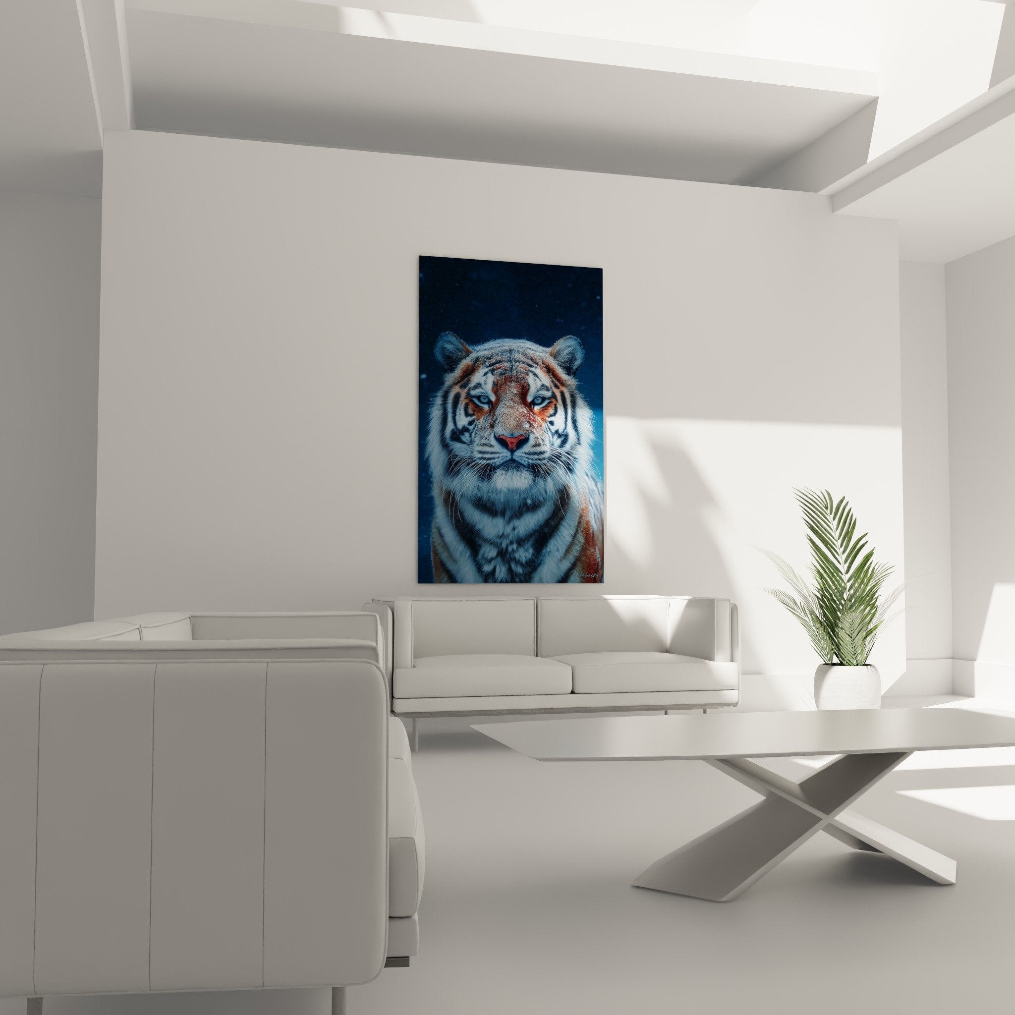 Détail portrait tigre yeux bleus glacier fourrure orange cristaux neige moustaches blanches réalisme