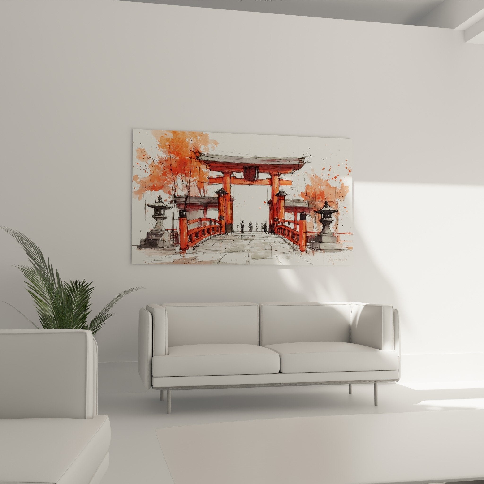 Watercolor torii detail showing orange splashes and precise black brushstrokes