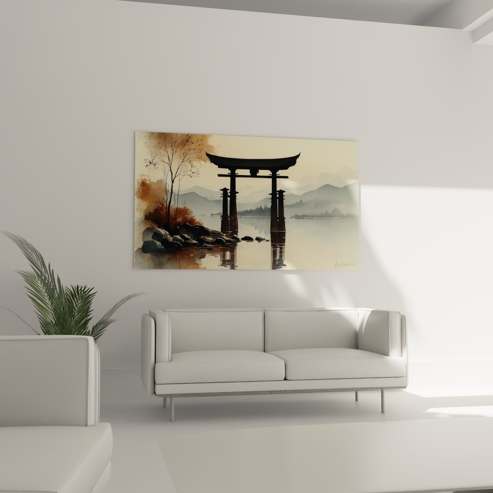 Watercolor torii gate detail painting technique water reflections vermillion columns golden mist