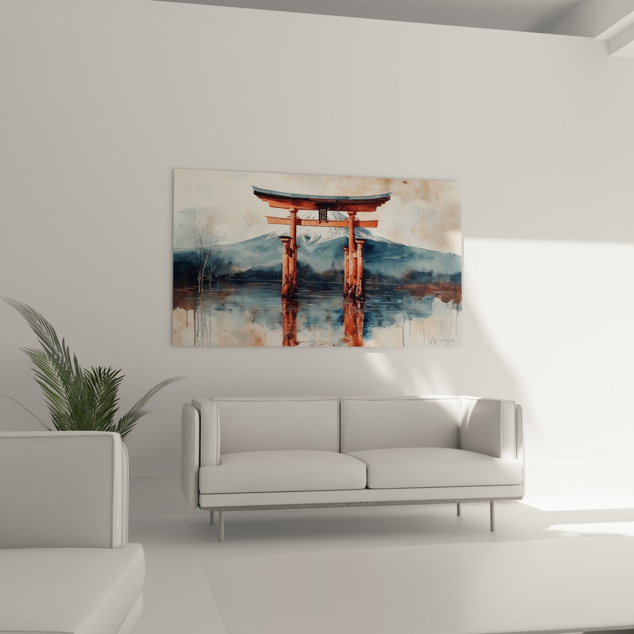 Detail aquarelle torii vermillon reflets eau technique picturale fluide couleurs chaudes froides