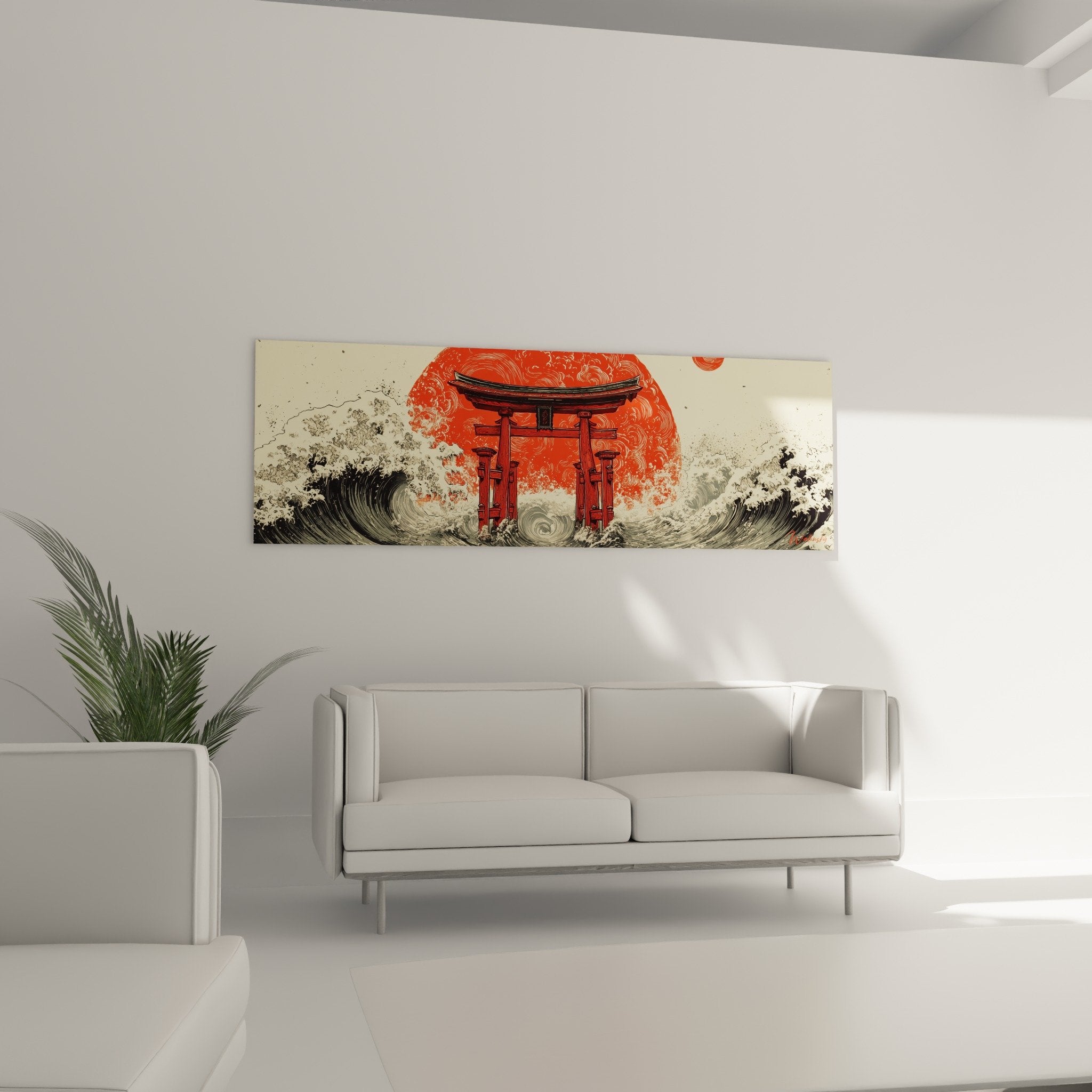 Détail torii rouge vermillon entouré vagues stylisées écume blanche sur arrière-plan orangé nuageux