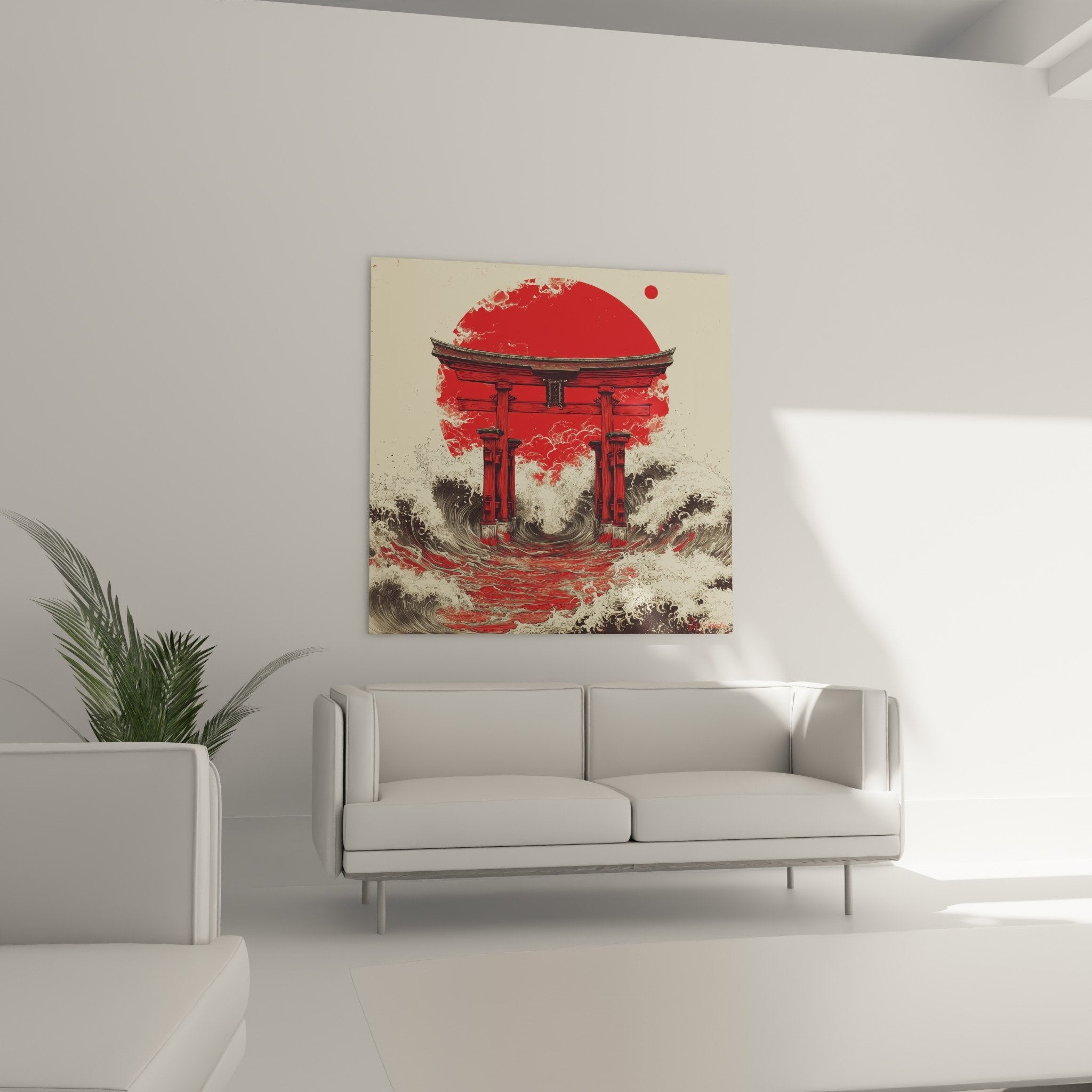 Détail torii rouge vermillon architecture japonaise traditionnelle vagues noires stylisées art nippon