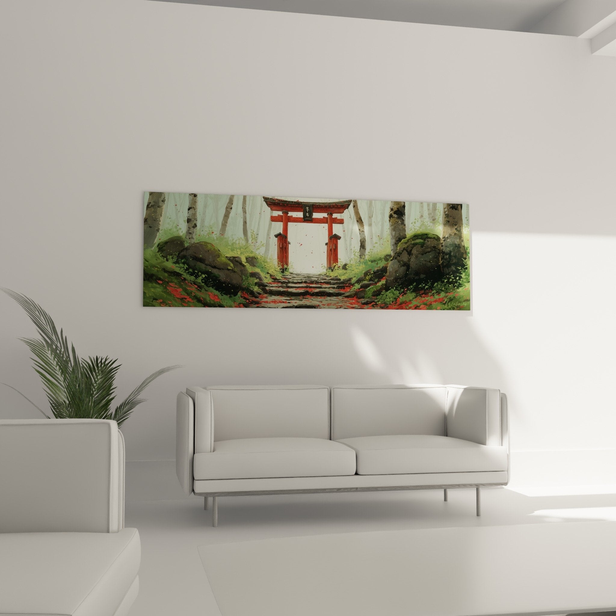 detail of vermillion red torii gate in lush green vegetation with mystical mist Japanese watercolor style painting