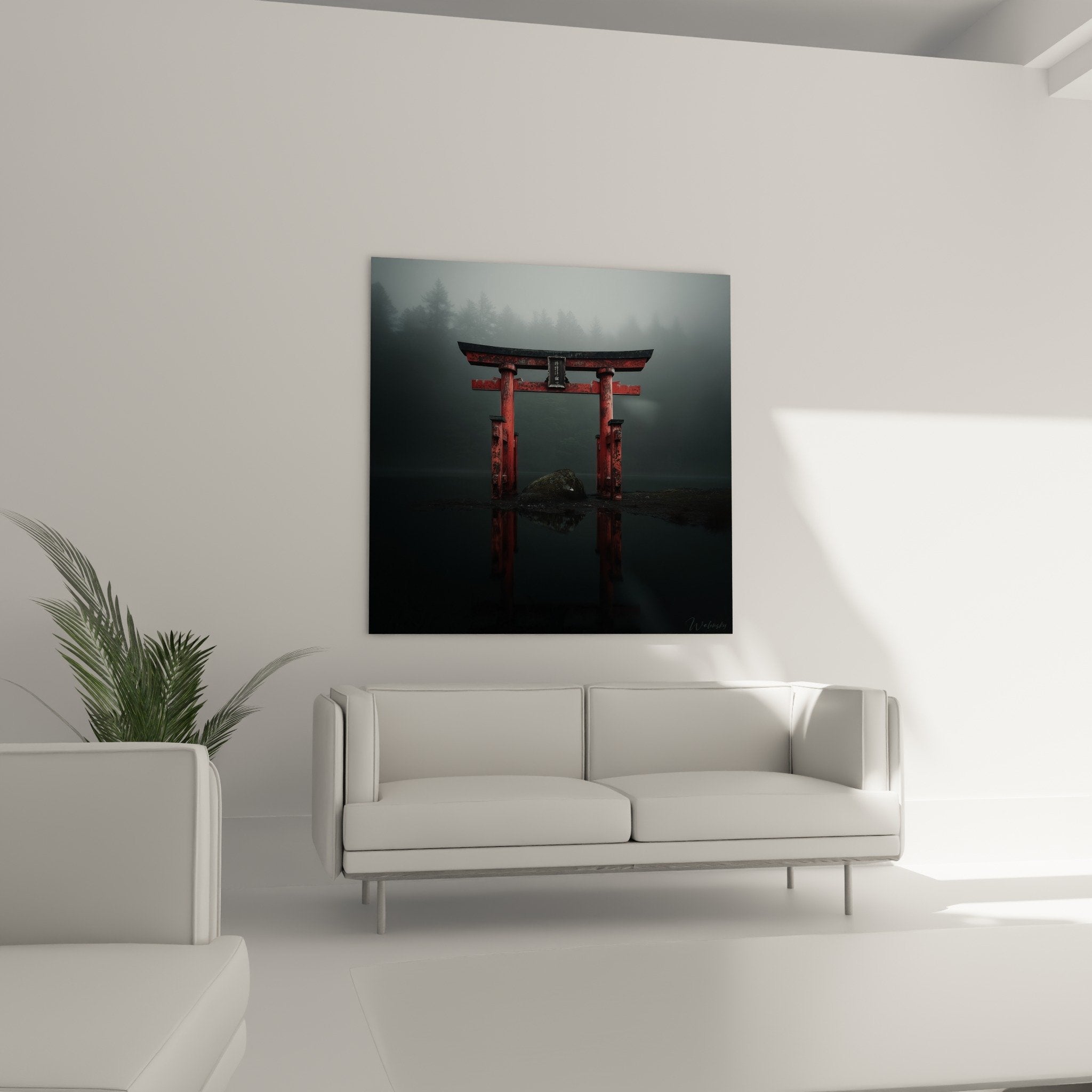 Detail of vermillion red torii in grey mist traditional lacquer texture sacred Japanese architecture