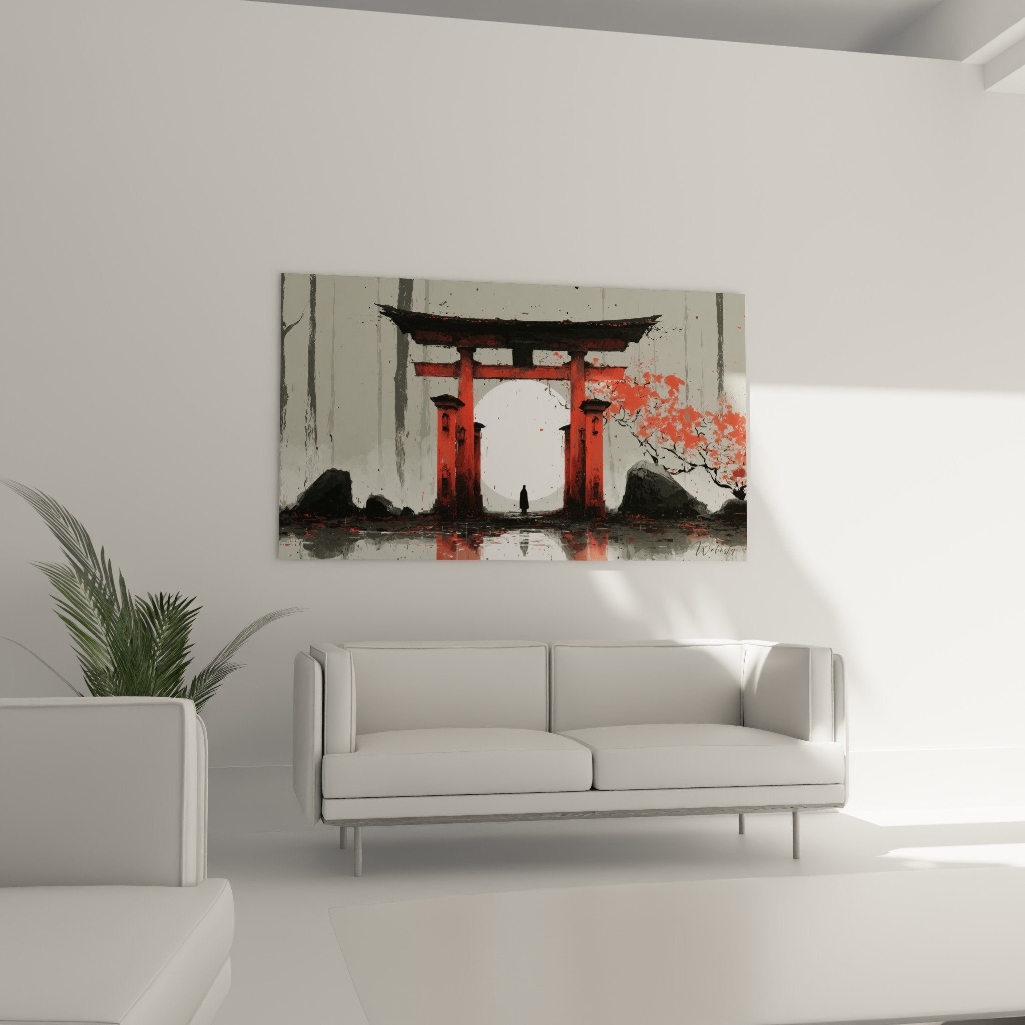 red vermillion torii gate painting detail black columns splattered texture contemporary japanese style