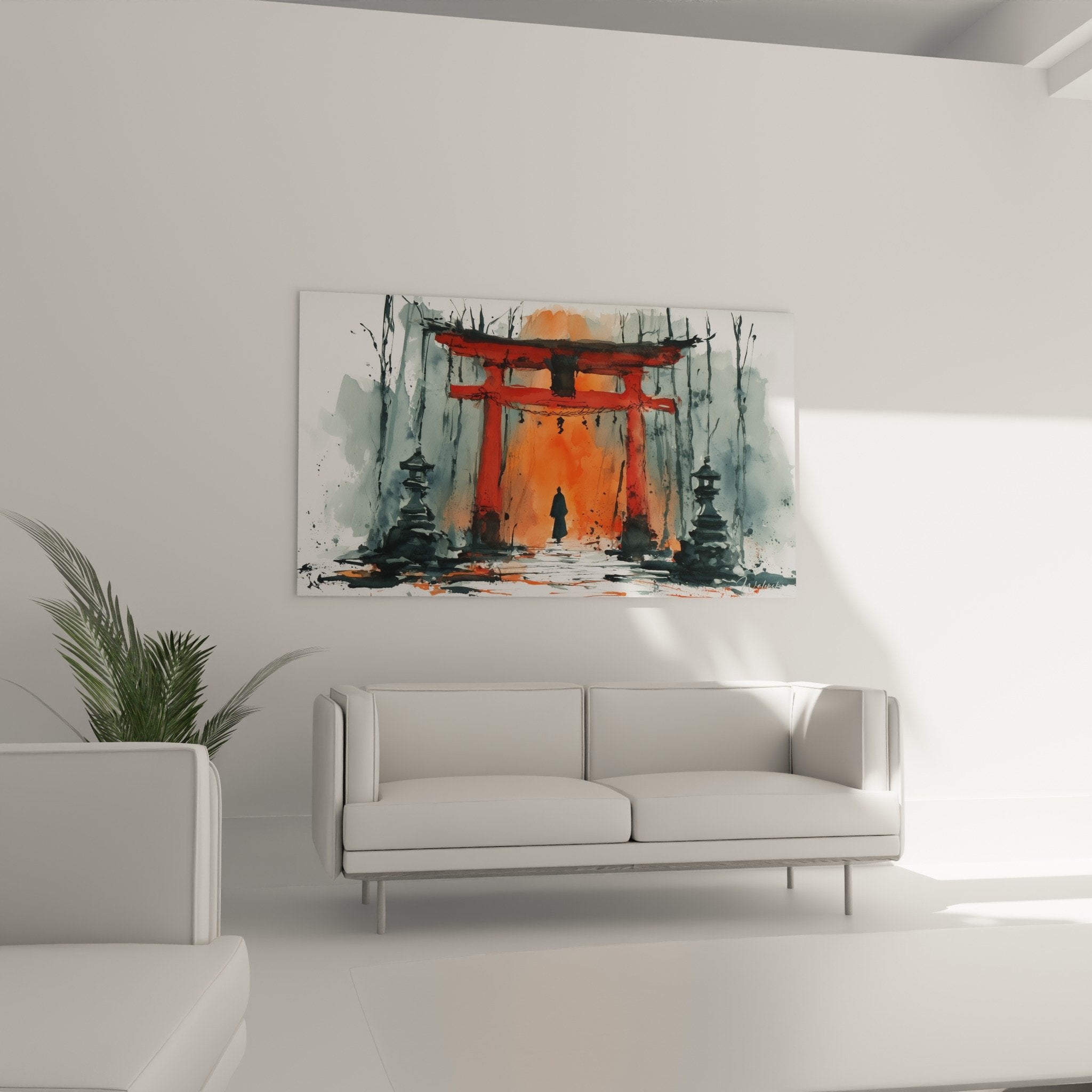 Détail aquarelle torii vermillon brume grise forêt technique transparence couleurs chaudes orangées