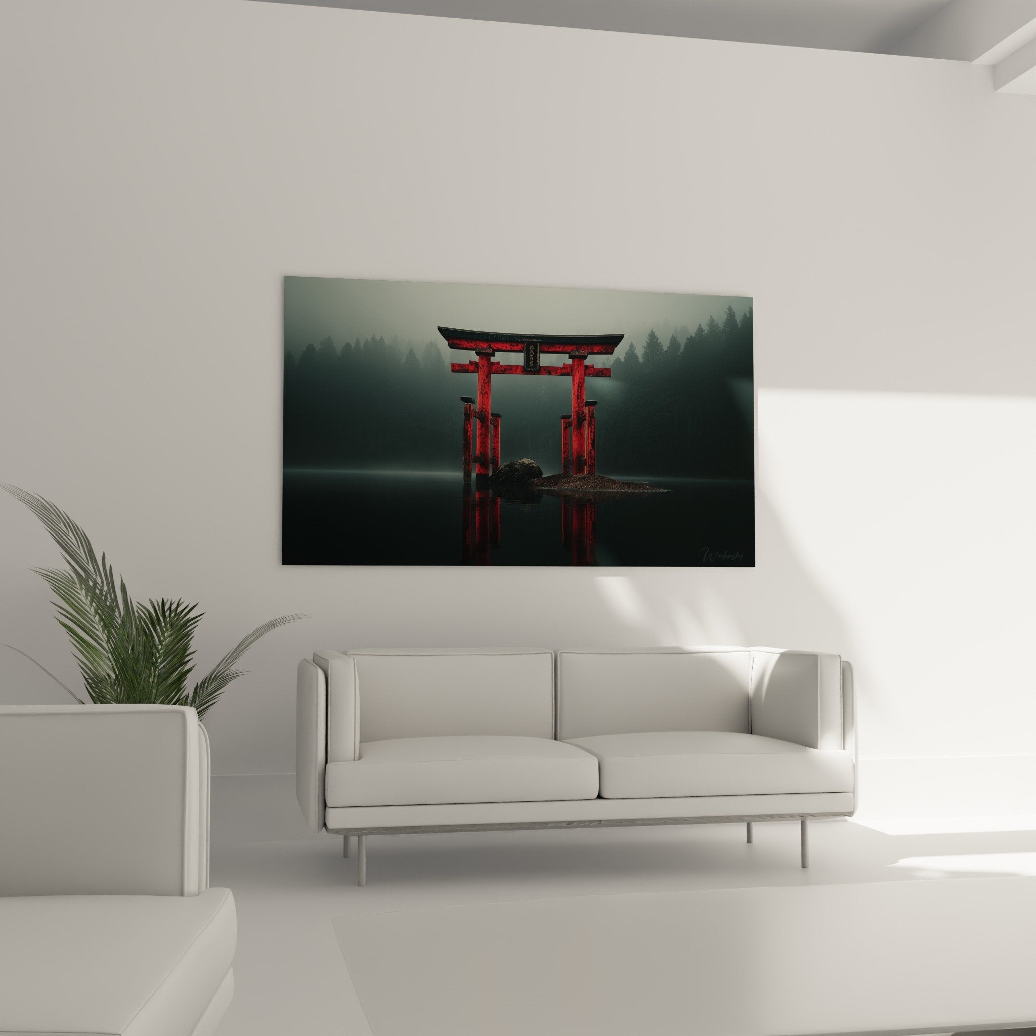 Détail torii vermillon émergeant de la brume, reflets rouges sur eau sombre, art japonais contemplatif
