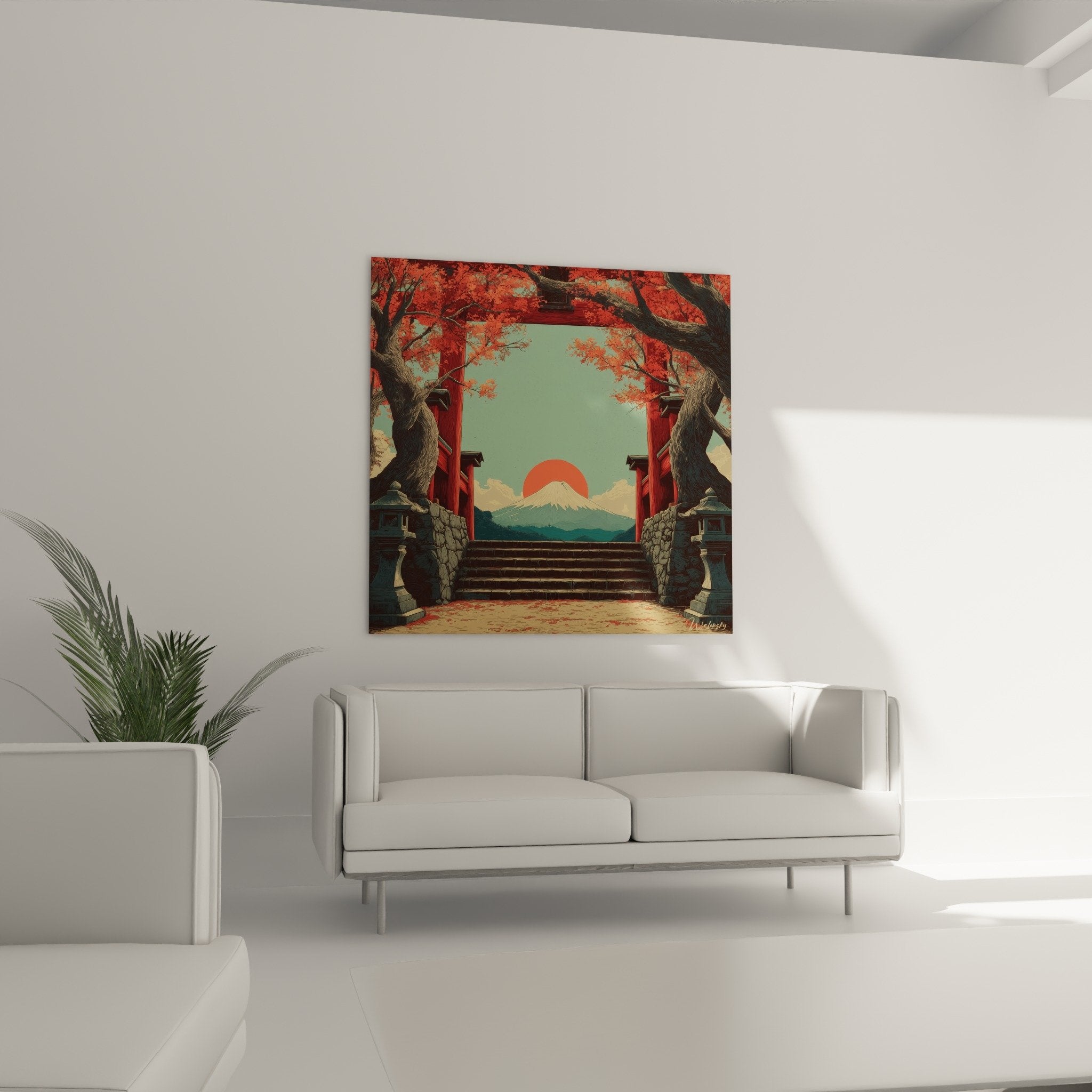Détail torii rouge et érables aux feuillages écarlates sous ciel jade dans style estampe japonaise