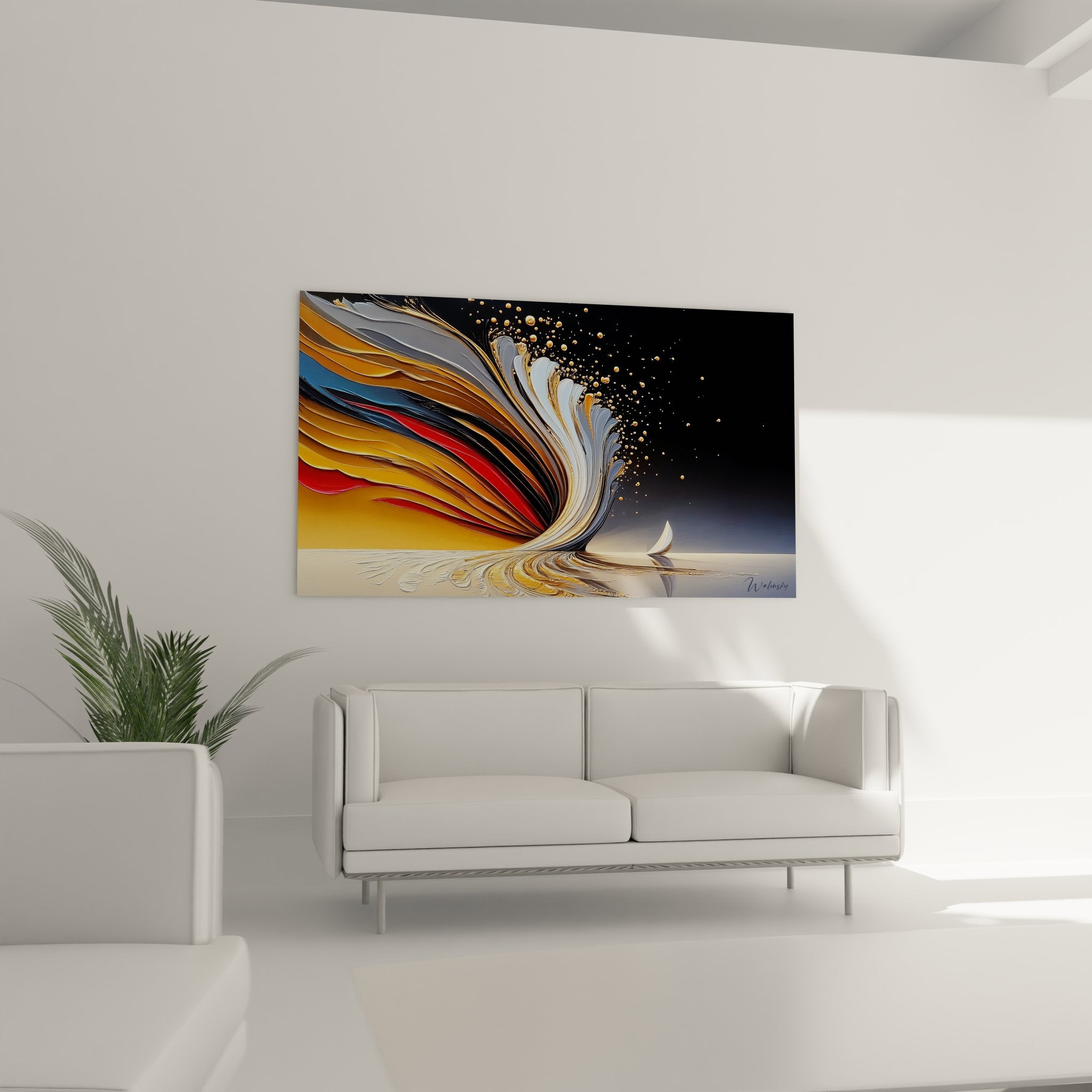 Gros plan détail tableau tourbillon doré couches colorées art abstrait contemporain