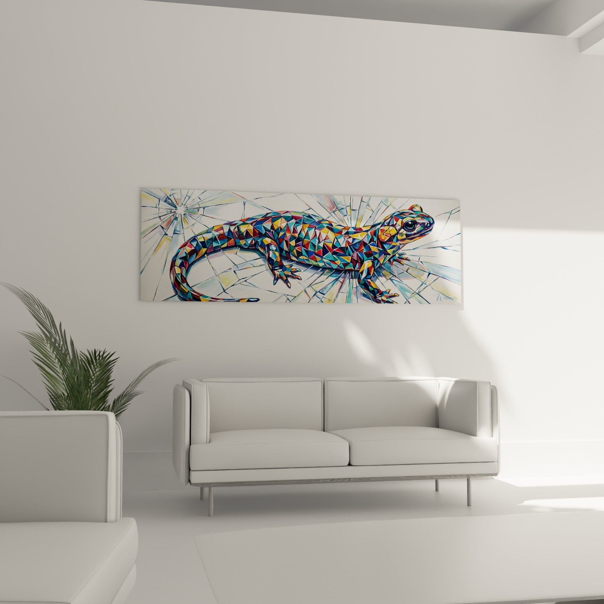 Detail of multicolored blue red yellow triangles composing the artistic salamander