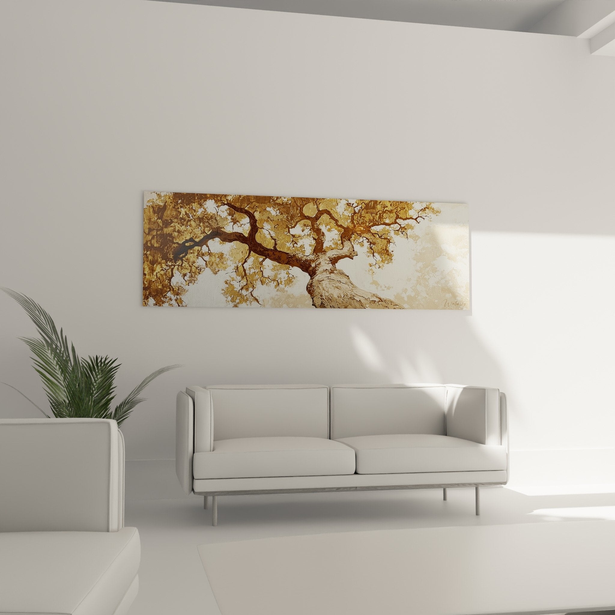 Détail rapproché tronc sculpté et branches dorées tableau arbre de vie textures naturelles