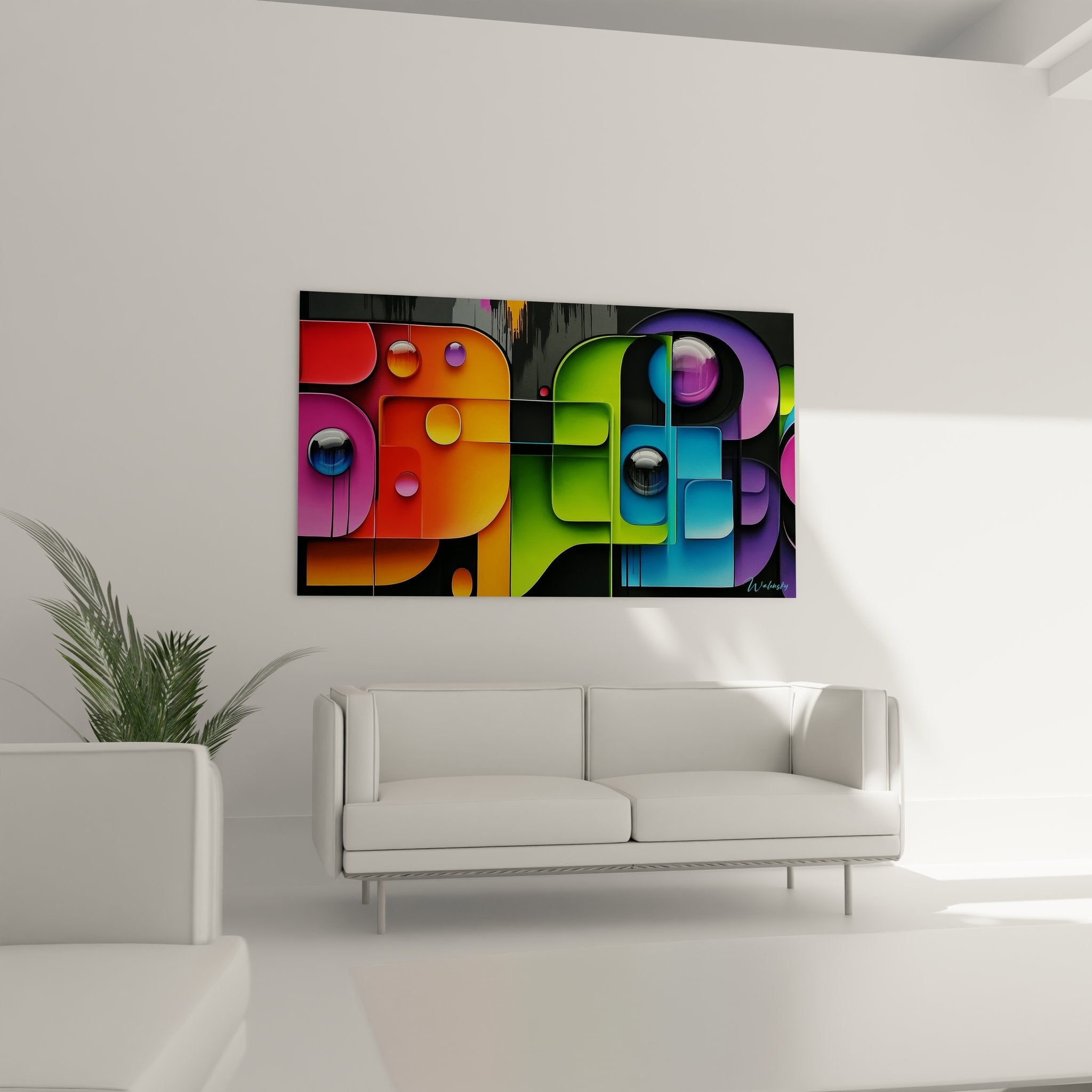 Gros plan détail tableau typographie colorée avec effets 3D et bulles transparentes art graphique