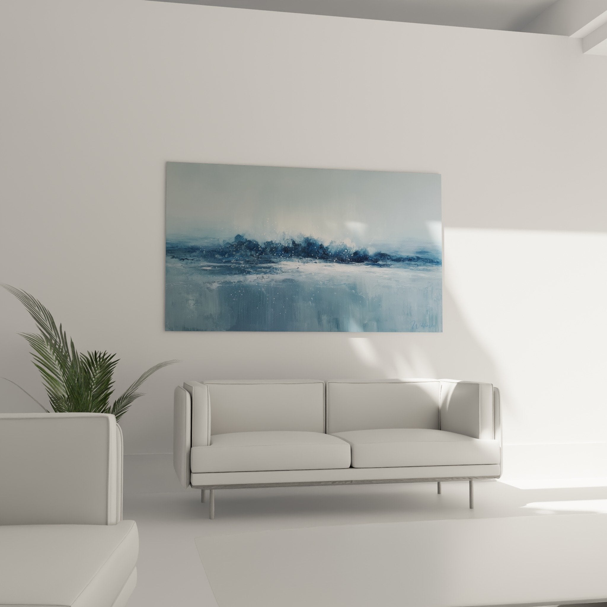 Blue wave detail white foam texture west metal feng shui wall art abstract marine painting close-up