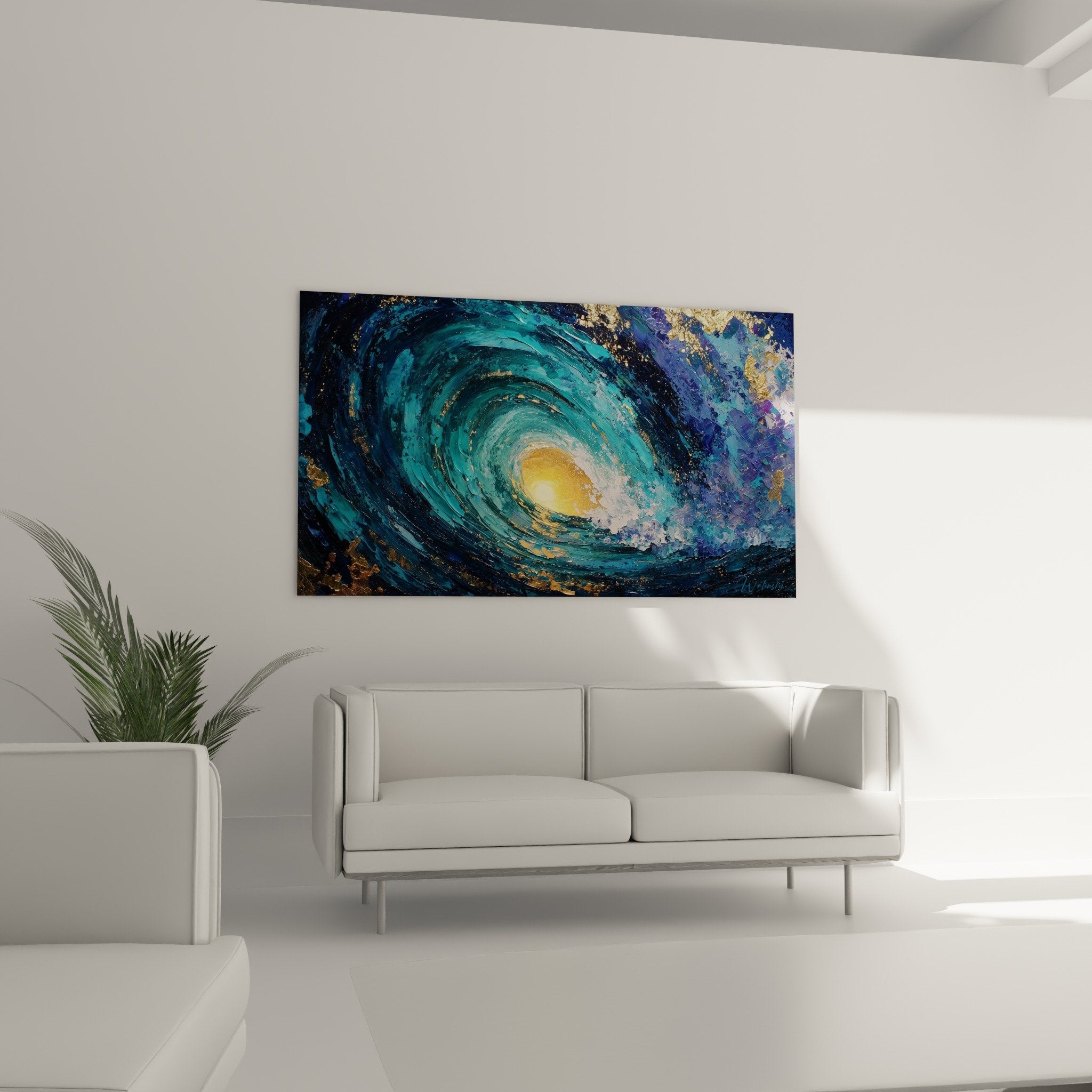 Turquoise wave texture detail golden reflections feng shui north water painting close-up