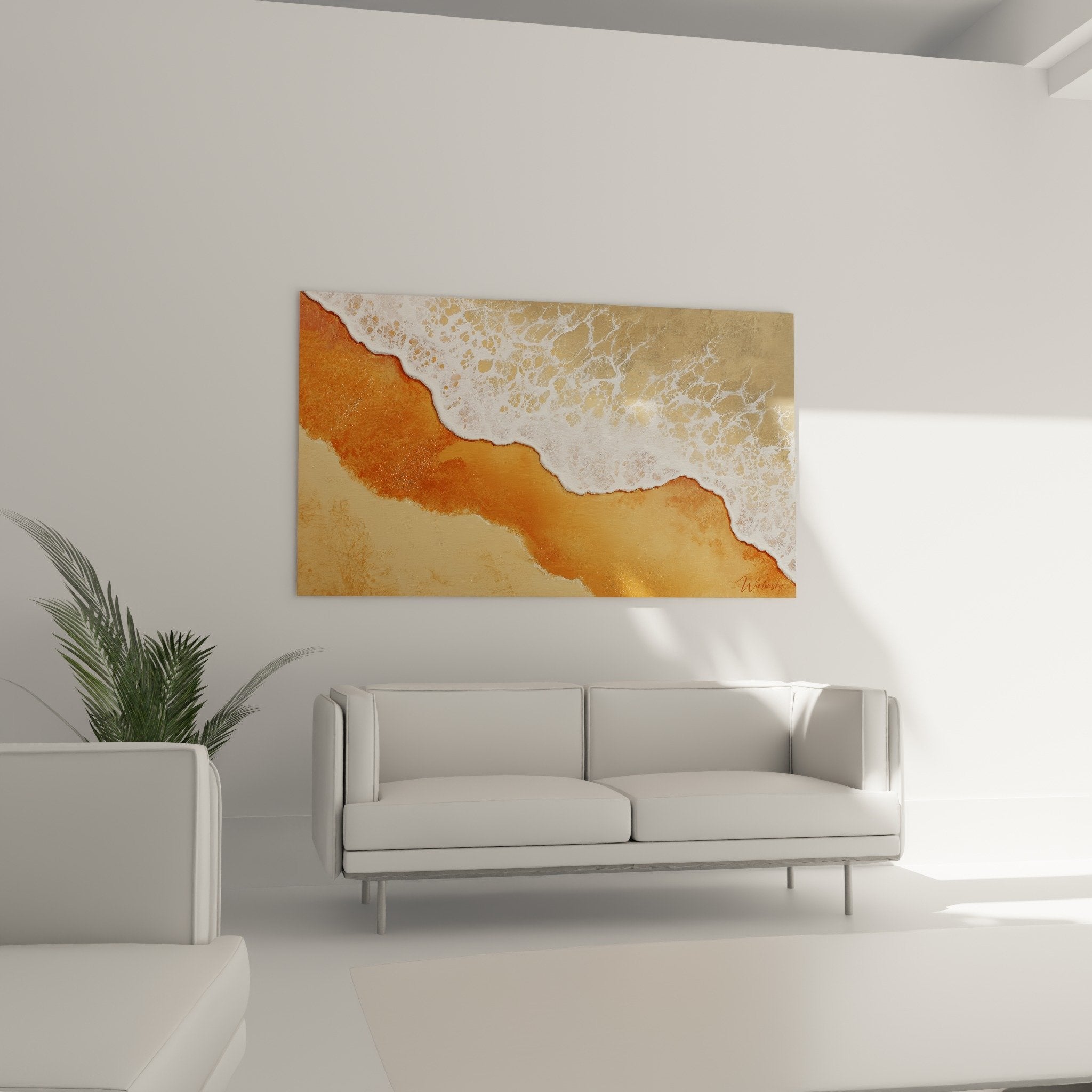 Detail Gemälde Wellen weiße Gischt auf goldenem Sand wässrige Textur Feng-Shui Erdzentrum