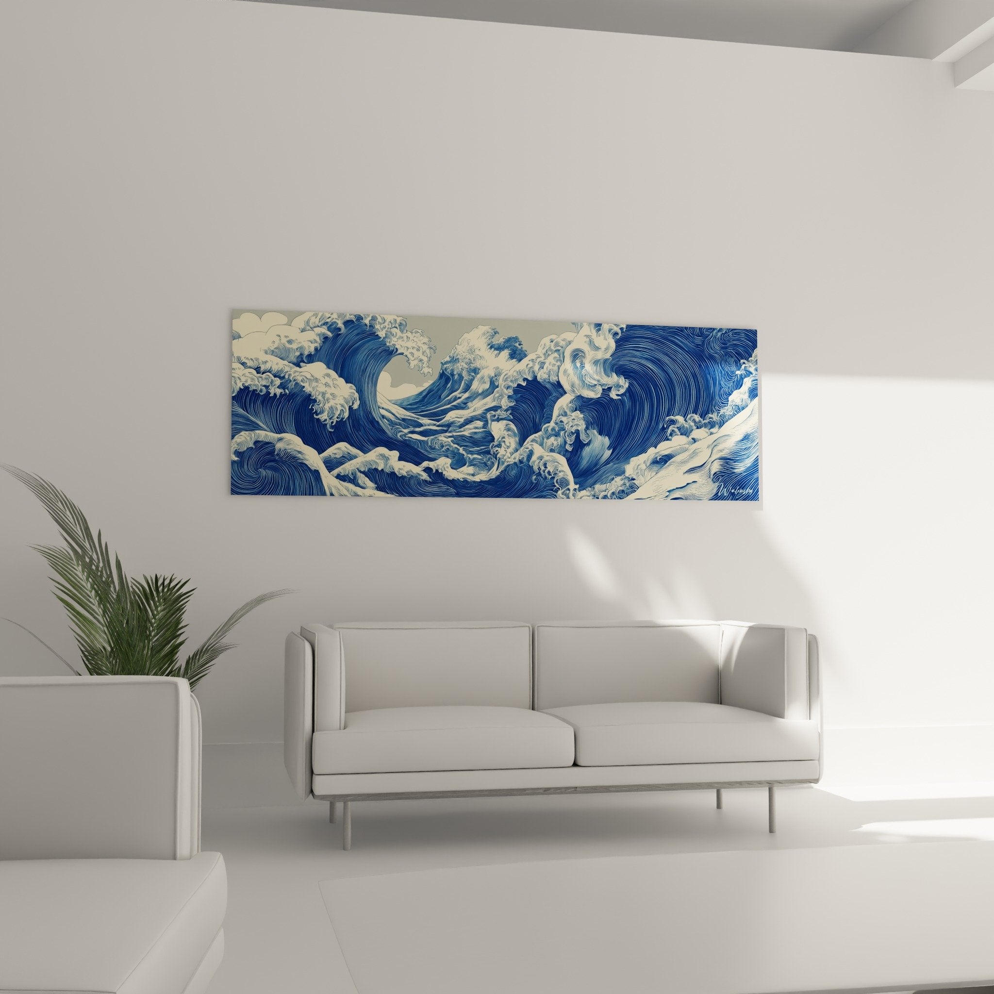 Blue Japanese waves white foam wall art feng shui north water fluid texture detail