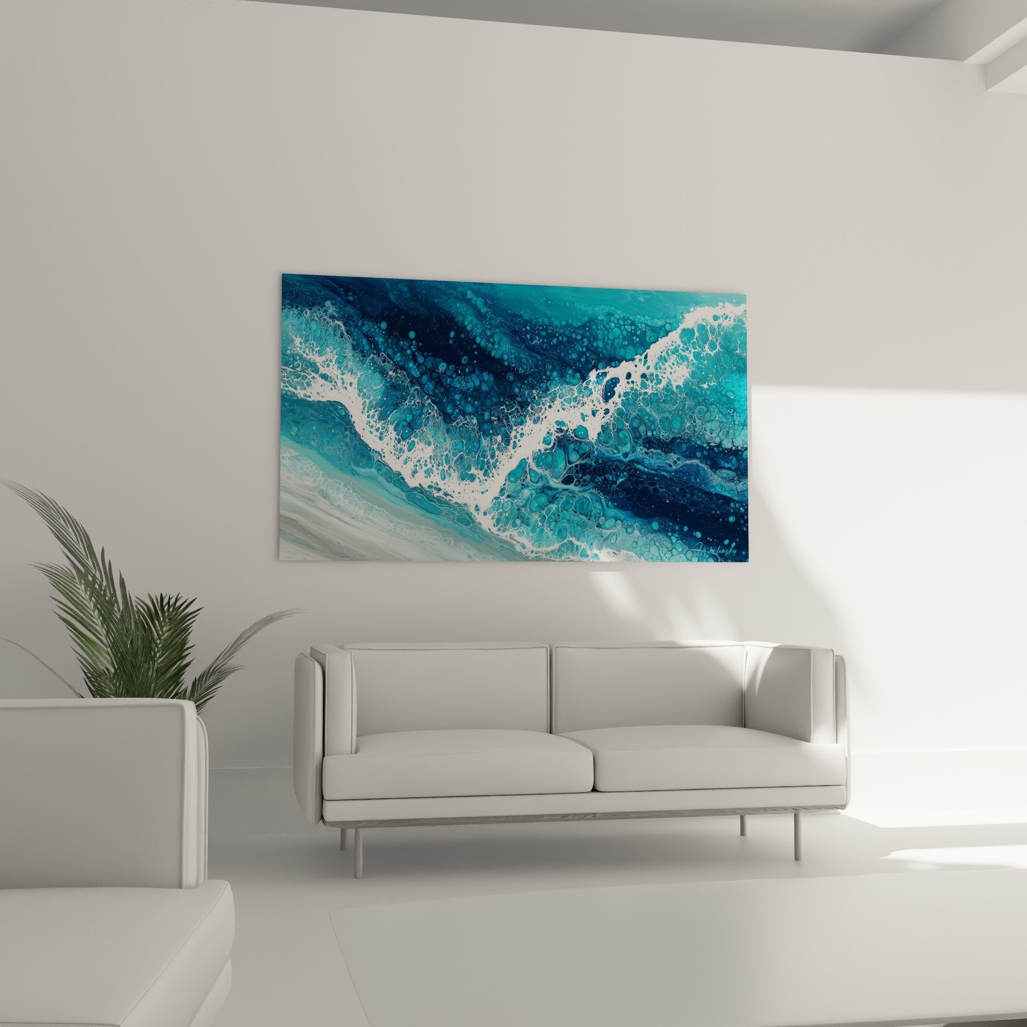 Fluid paint detail turquoise waves white foam bubbles organic texture feng shui water