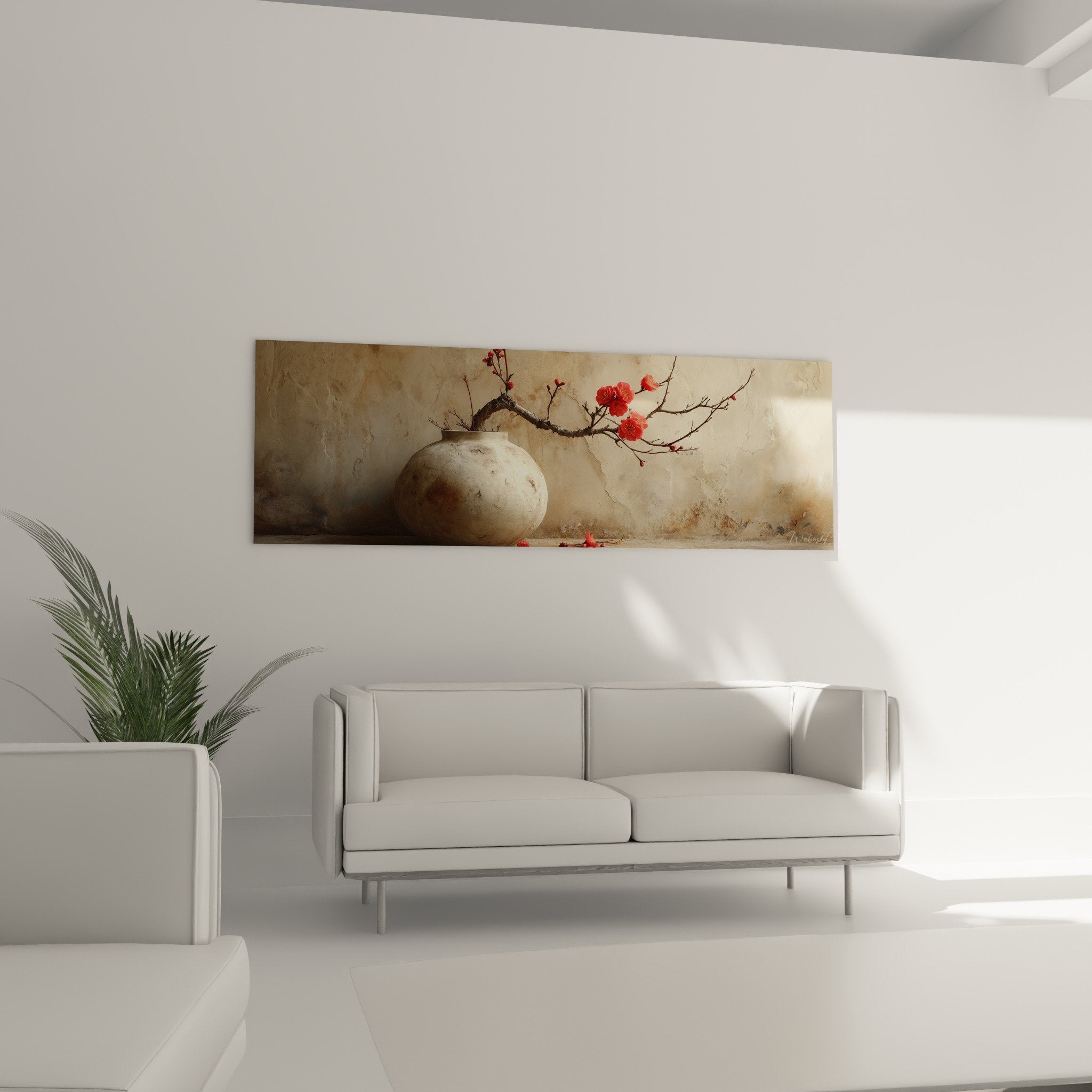 Detail vase ceramique beige patine fleurs rouges branches delicates art floral japonais ikebana texture naturelle